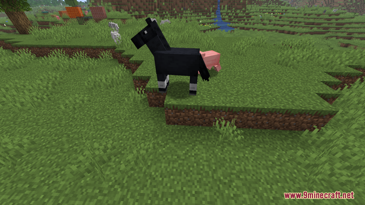 Smooth Entity Shadows Resource Pack Screenshot 7 A black horse standing on a grassy hill with a soft round shadow