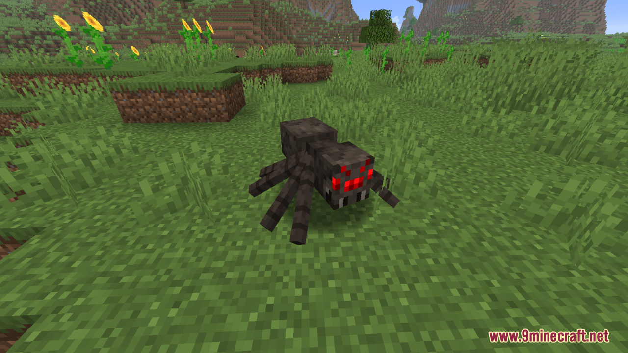 Smooth Entity Shadows Resource Pack Screenshot 9 A spider standing on grass with a soft round shadow underneath it