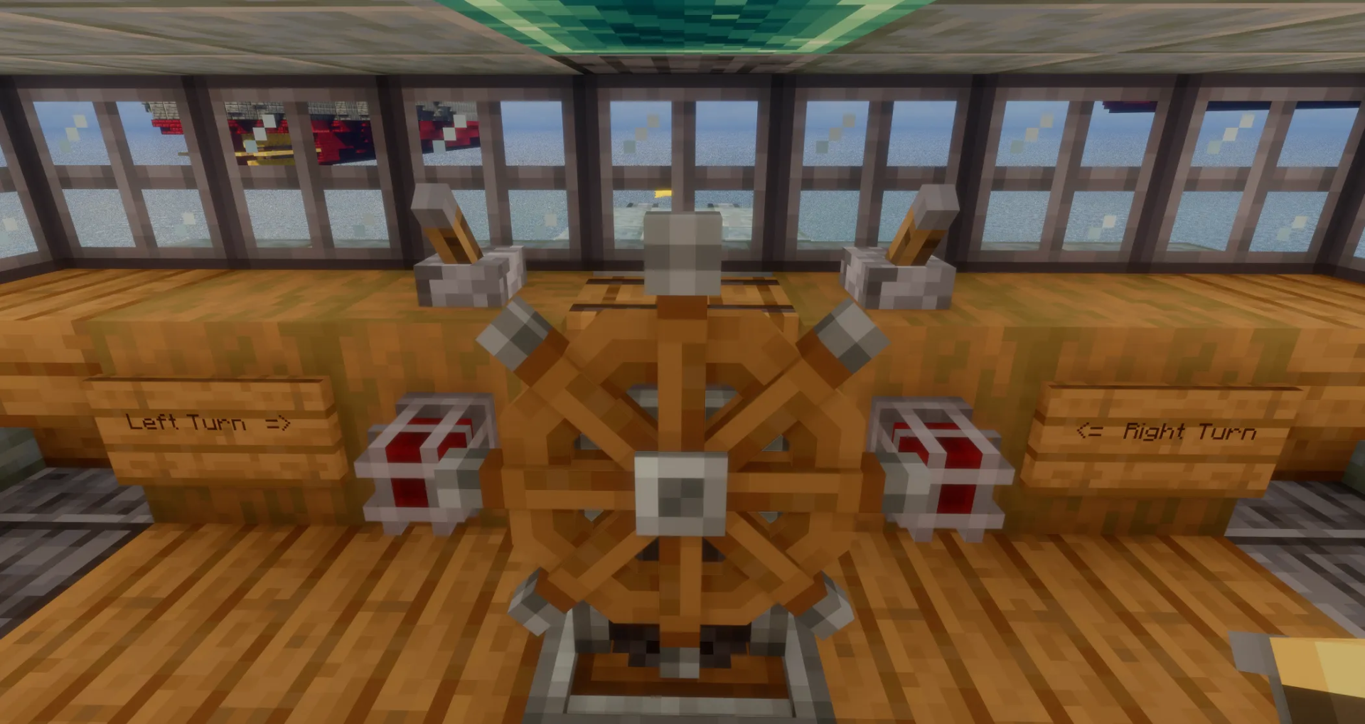 Interior view of a ship bridge featuring a wooden helm and control levers