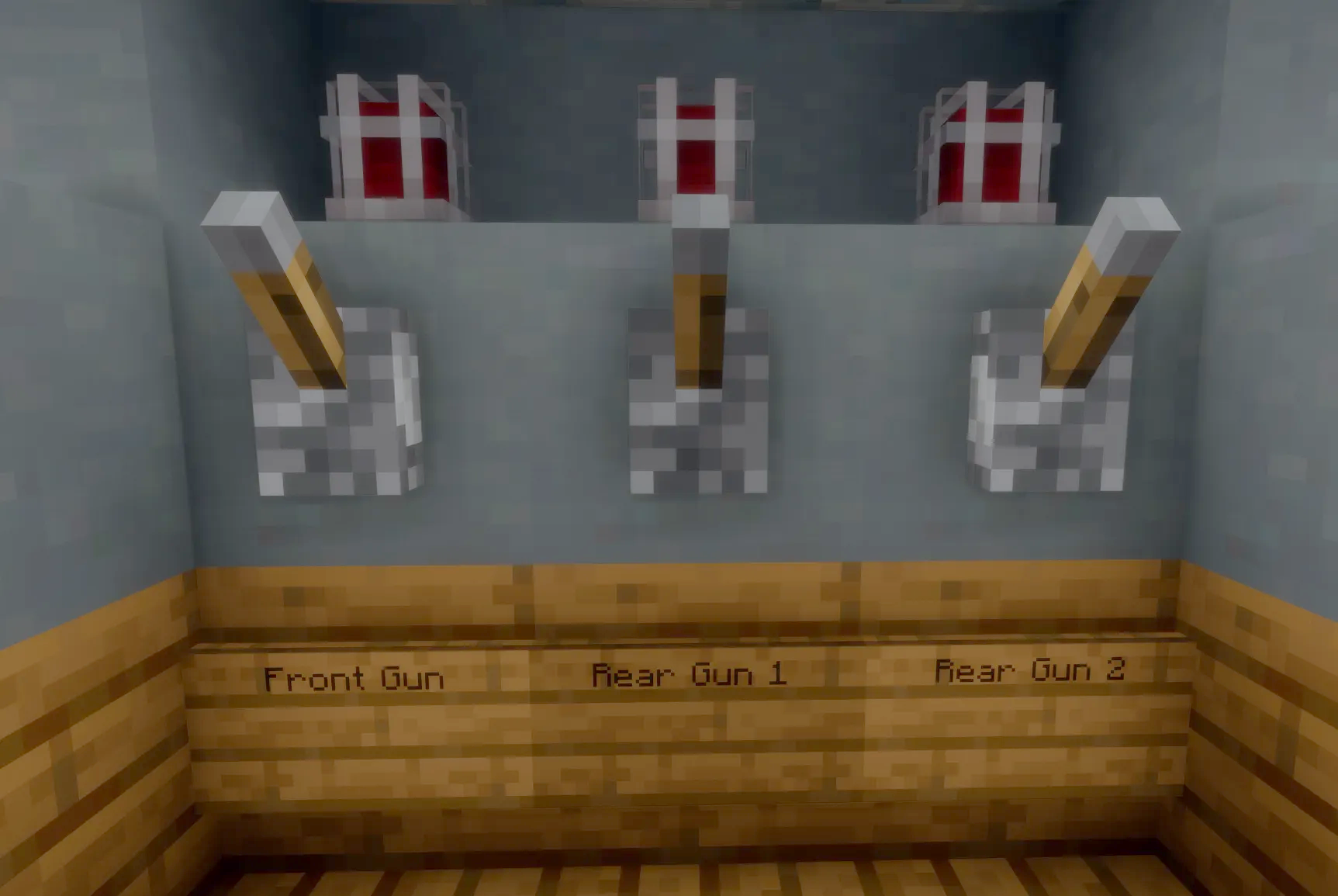 Three levers labeled for controlling the front and rear gun systems