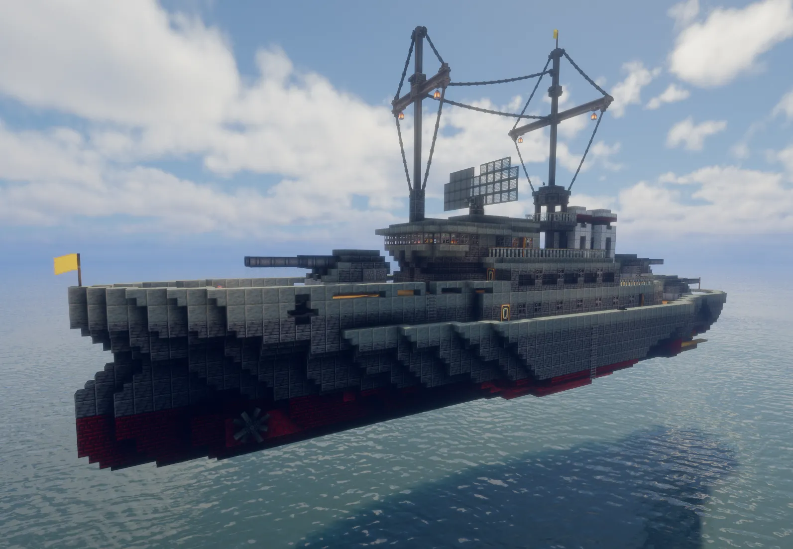 A massive grey steam powered battleship flying over the ocean in Minecraft