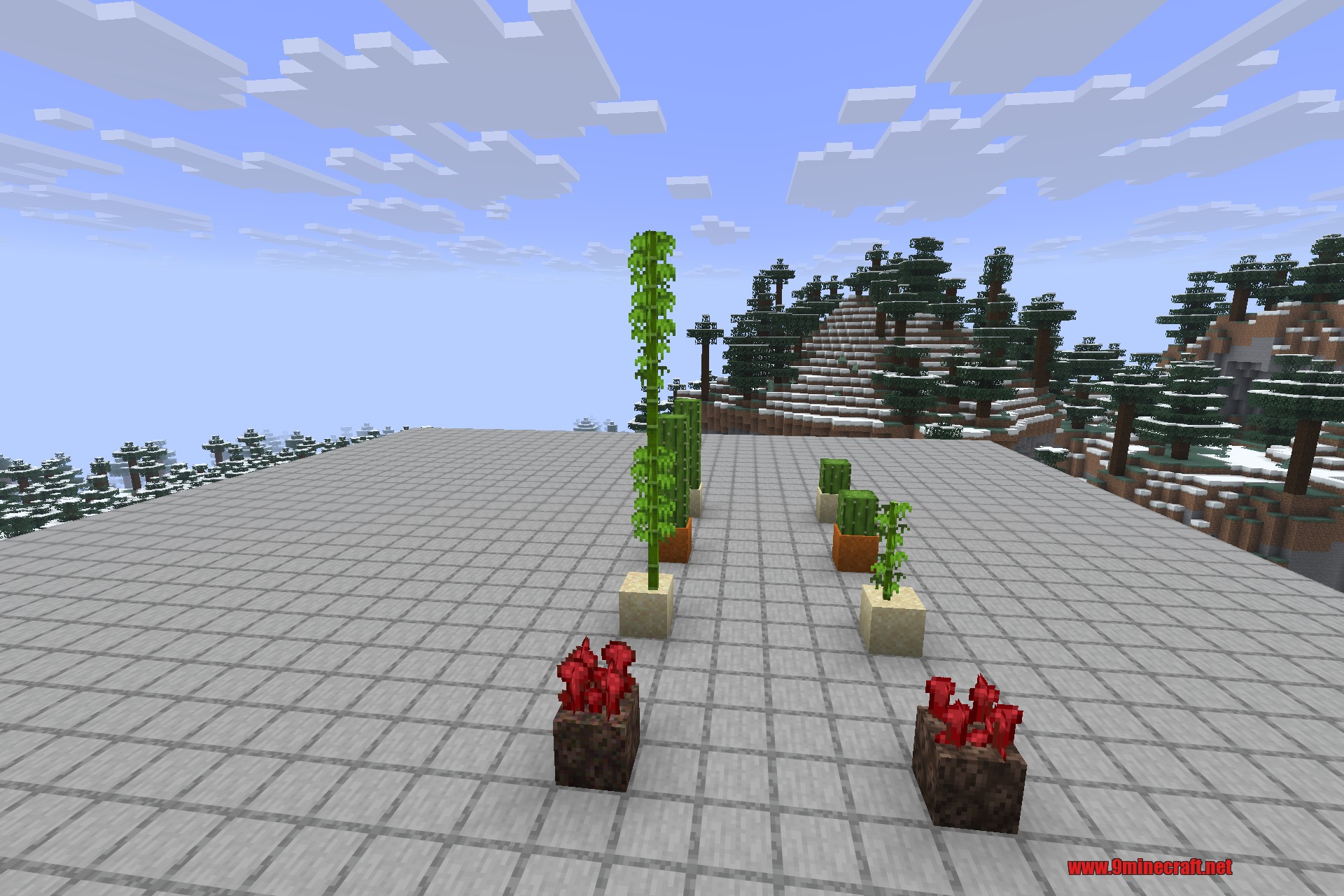 Snad 9minecraft Mod Screenshot 2 Side view of plants growing on specialized sand blocks near snowy trees