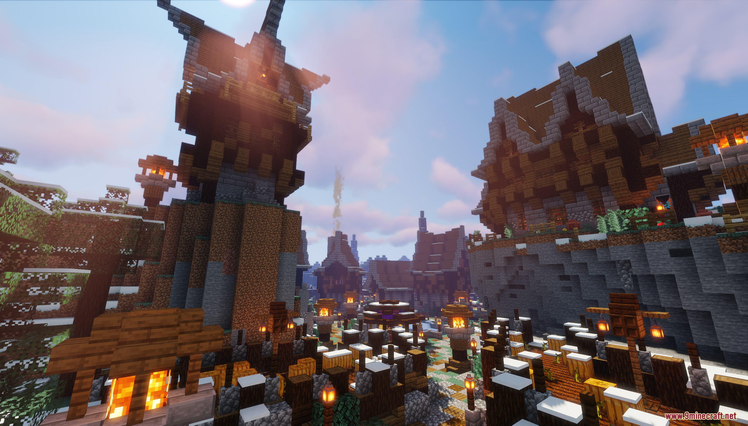 Sunlight shines over a tall watchtower and wooden buildings in a snowy village