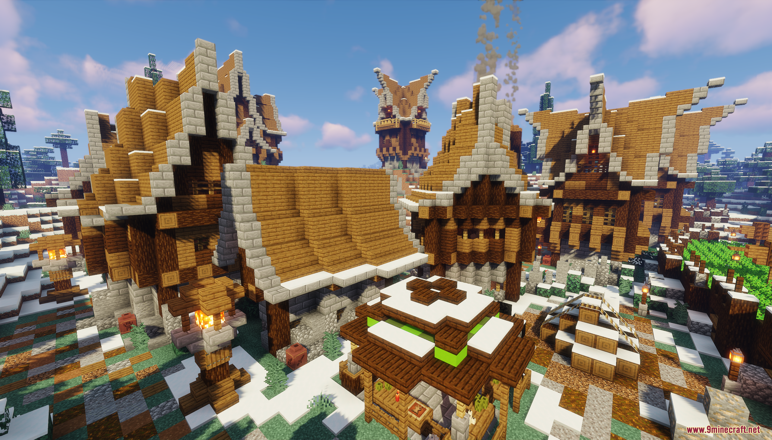 Detailed wooden houses and market stalls in a snowy spruce forest village