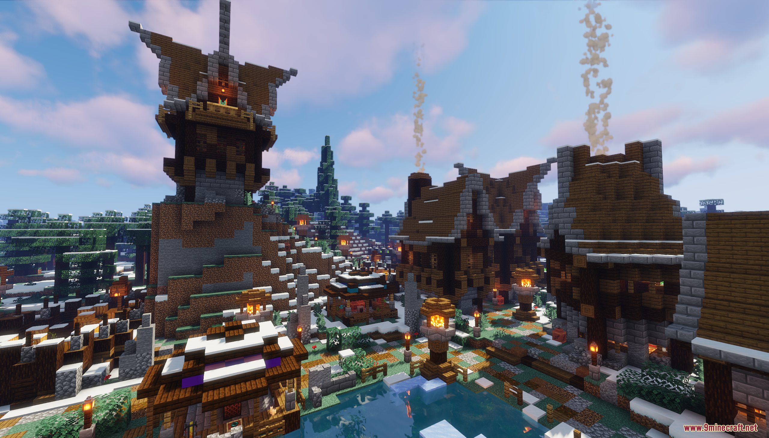A peaceful frozen lake surrounded by cozy wooden buildings and a watchtower