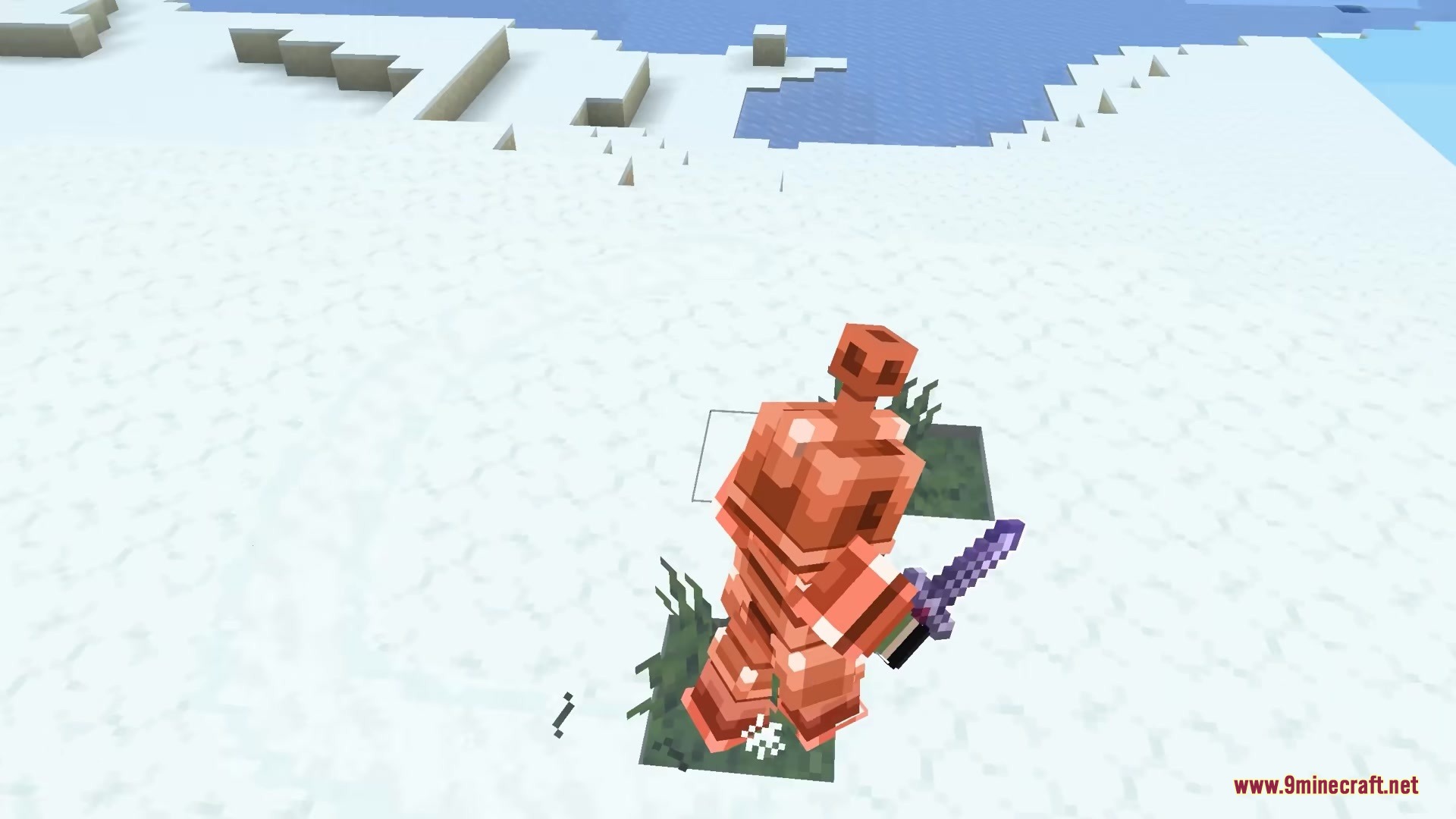 Soft Imprints Mod Screenshot 7 Player in copper armor walks on snow leaving footprints