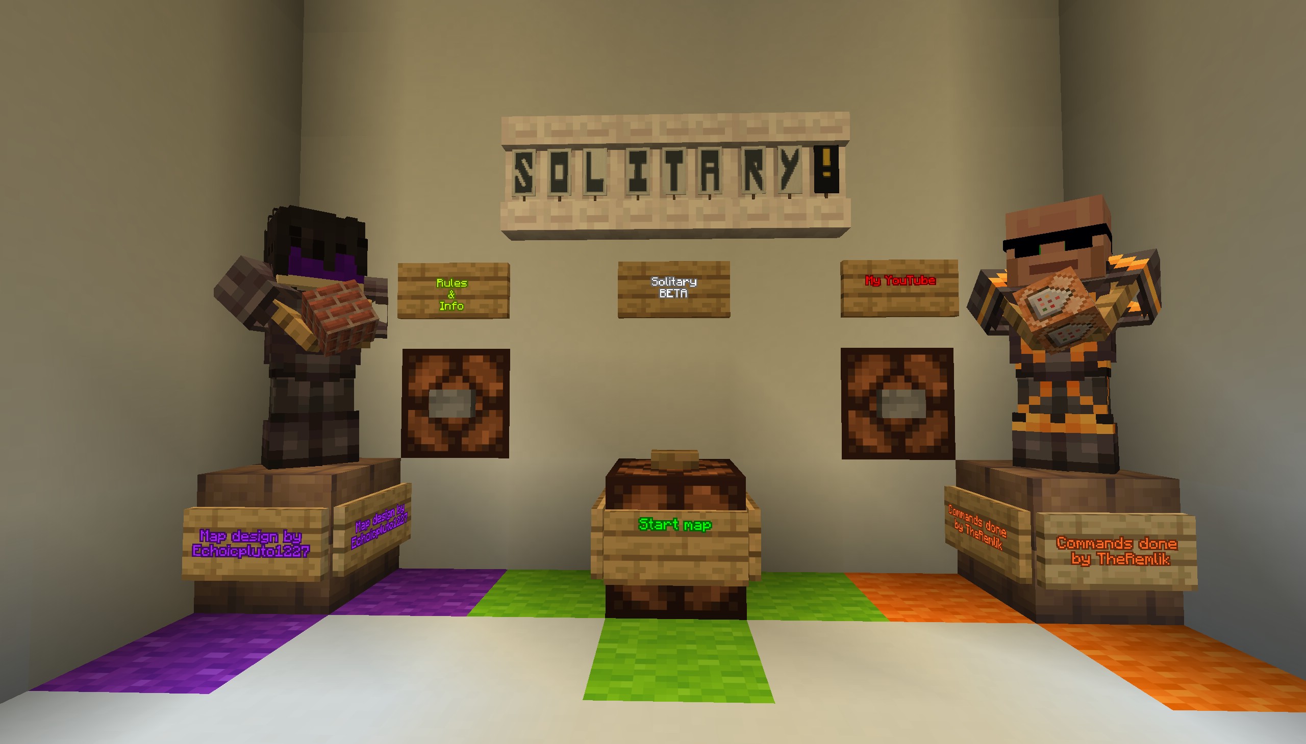 Solitary Map Screenshot 1 Minecraft lobby featuring two character statues and signs for the Solitary map