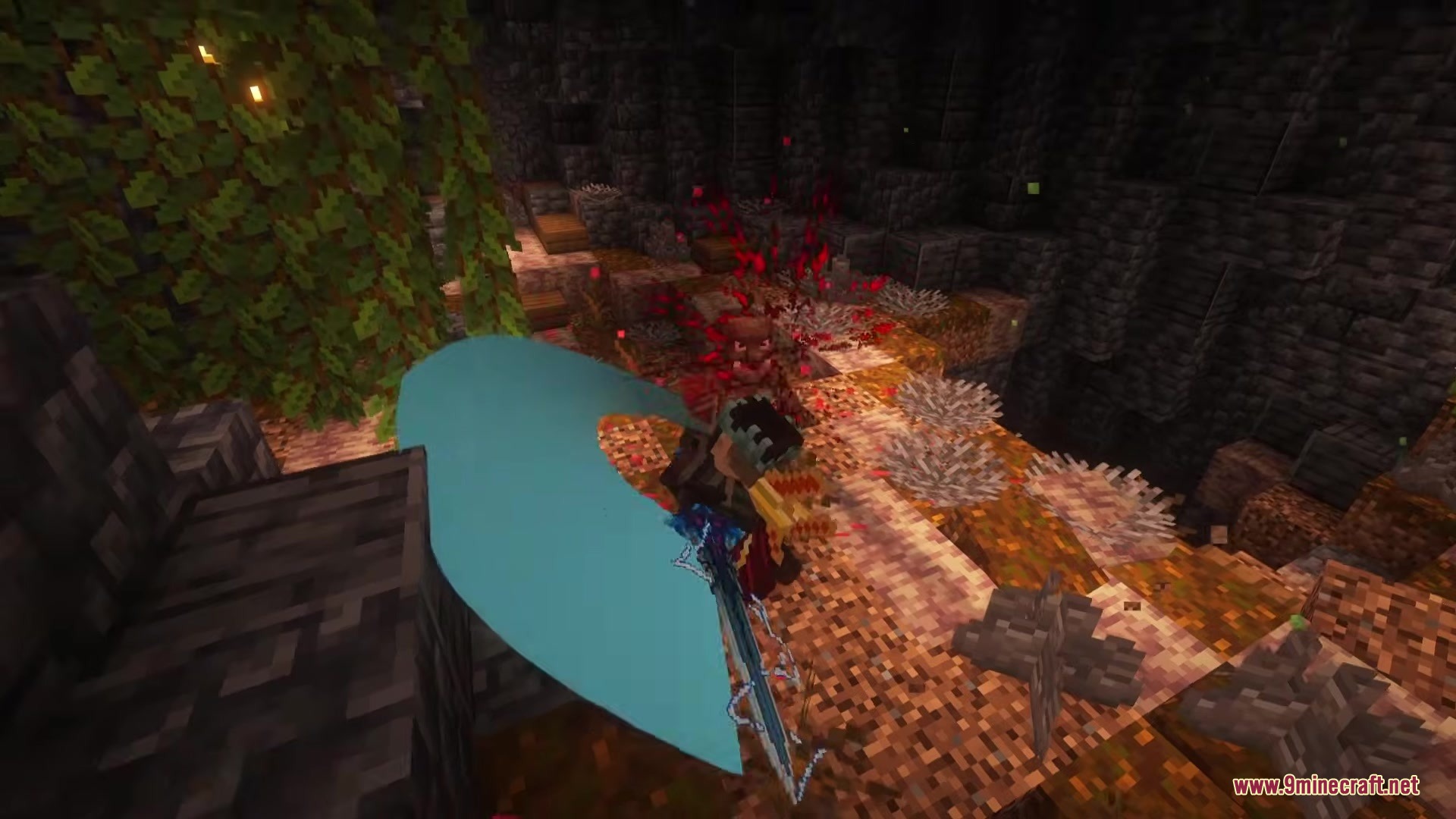 Solo Leveling Arsenal Resource Pack Screenshot 10 The player attacks a mob with a glowing blue sword in a cave