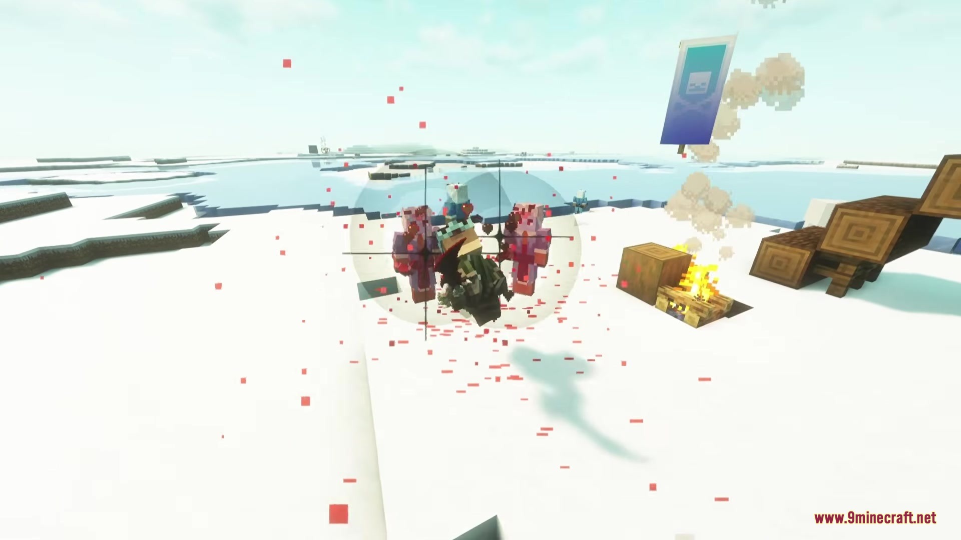 Solo Leveling Arsenal Resource Pack Screenshot 13 A player character fights mobs in a snowy biome with red particles