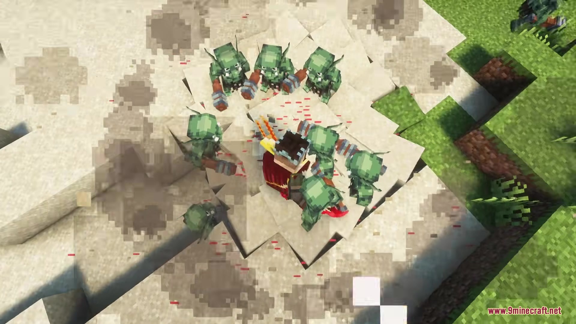 Solo Leveling Arsenal Resource Pack Screenshot 14 Green goblin mobs surround a player character standing on cracked ground