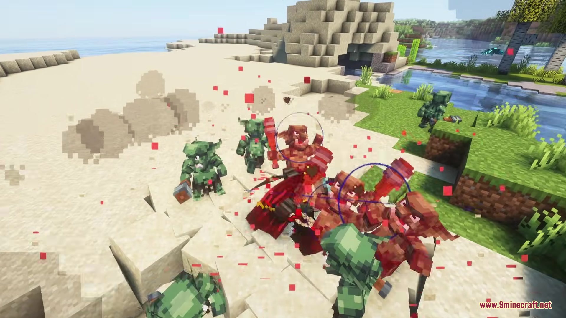 Solo Leveling Arsenal Resource Pack Screenshot 15 A player in red armor battles several goblin mobs on a sandy beach