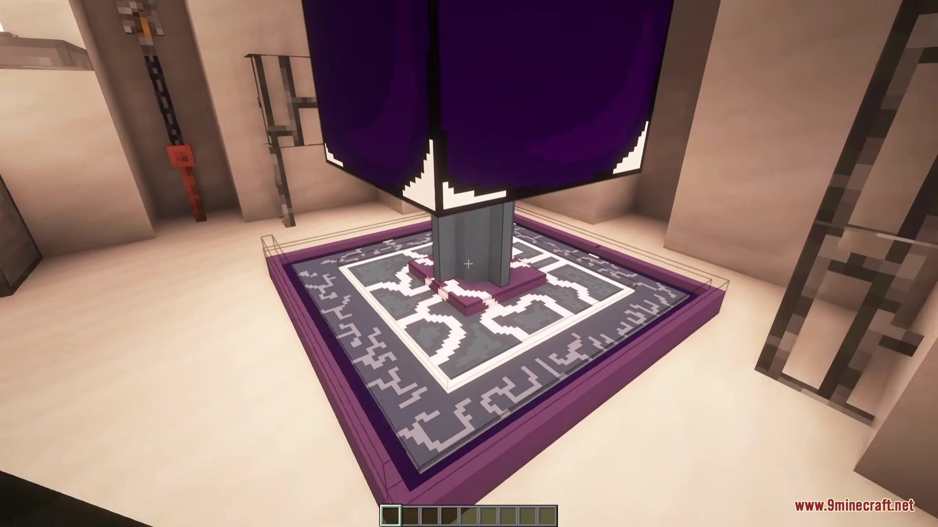 Solo Leveling Arsenal Resource Pack Screenshot 3 A large purple glowing cube floats above a decorative platform in a room