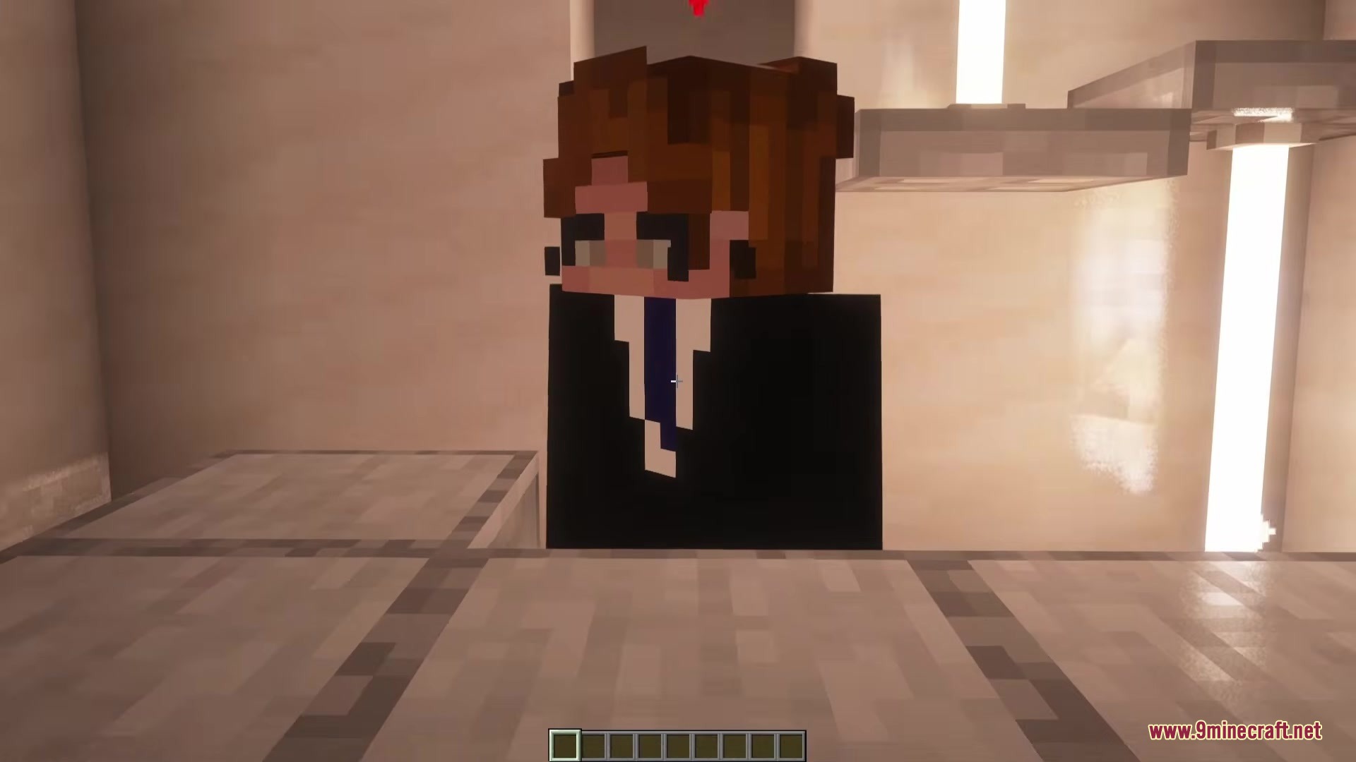 Solo Leveling Arsenal Resource Pack Screenshot 4 Minecraft character wearing a black suit stands behind a modern stone counter