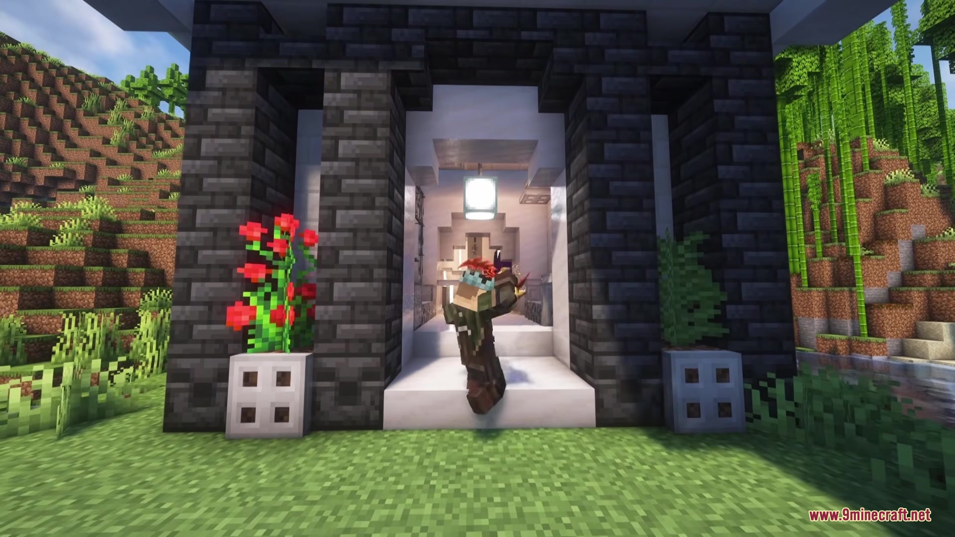 Solo Leveling Arsenal Resource Pack Screenshot 6 Minecraft player jumping with red weapons outside a modern dark brick house