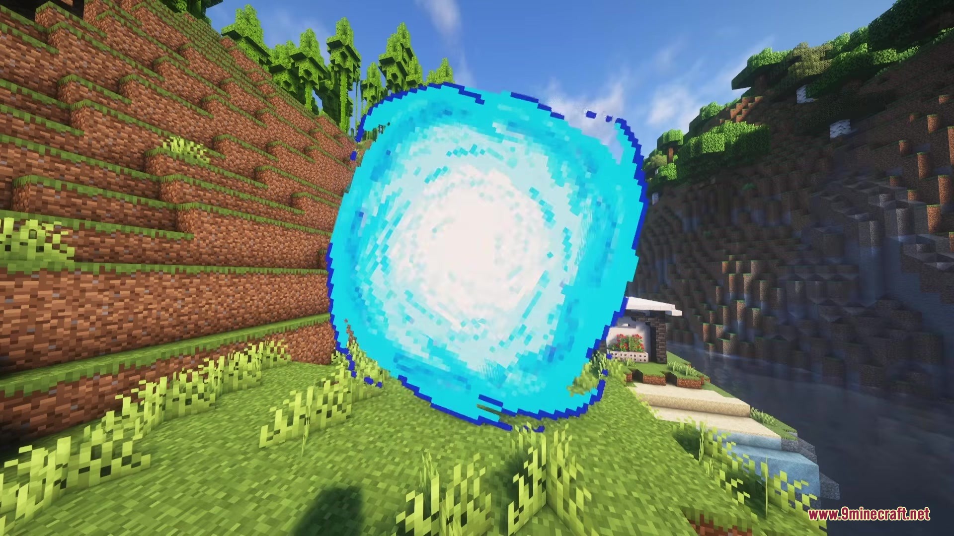 Solo Leveling Arsenal Resource Pack Screenshot 7 A glowing blue swirling portal appears in a lush green Minecraft world