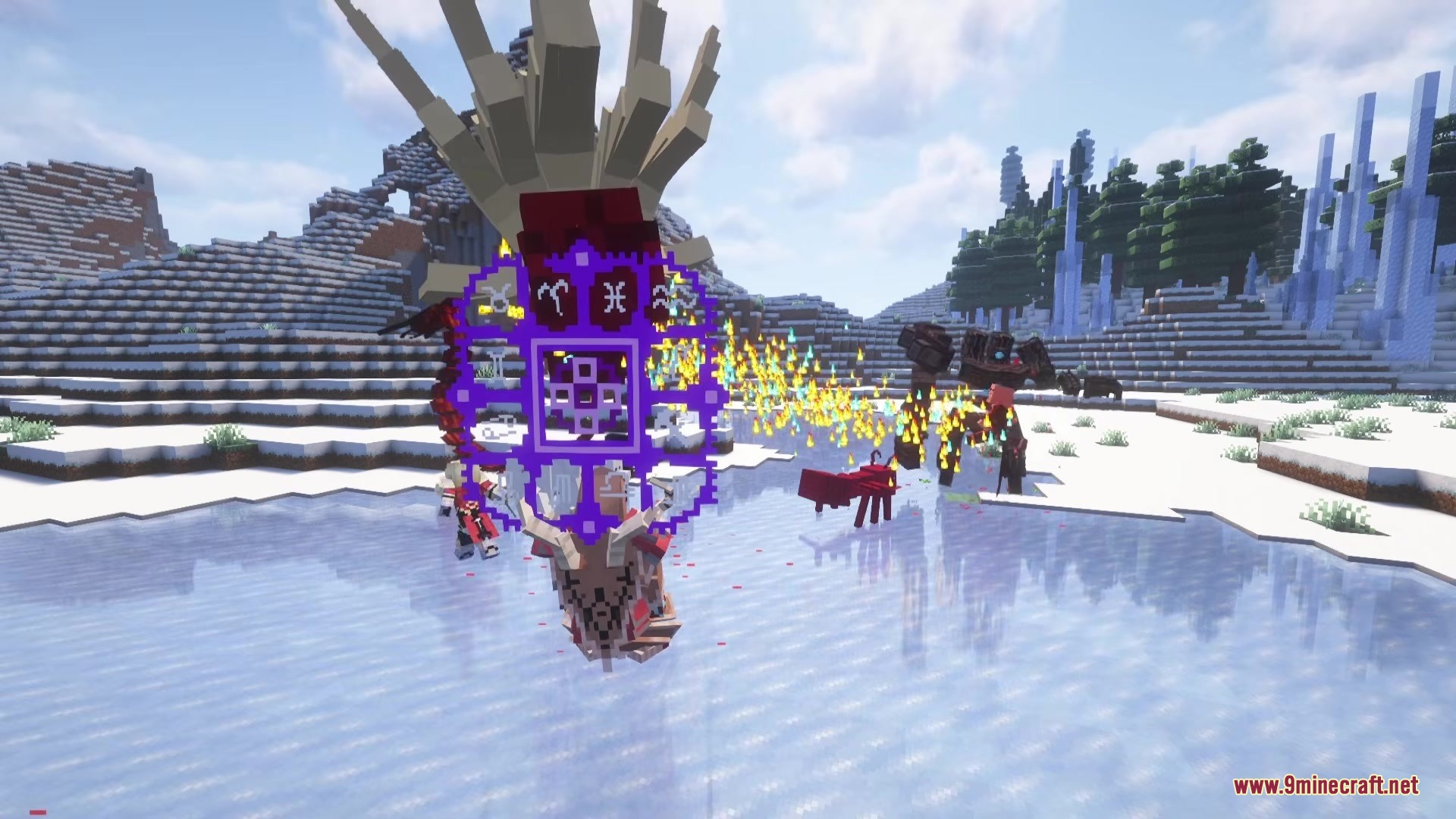 Solo Leveling Arsenal Resource Pack Screenshot 8 A player activates a purple magic circle while fighting mobs in snow