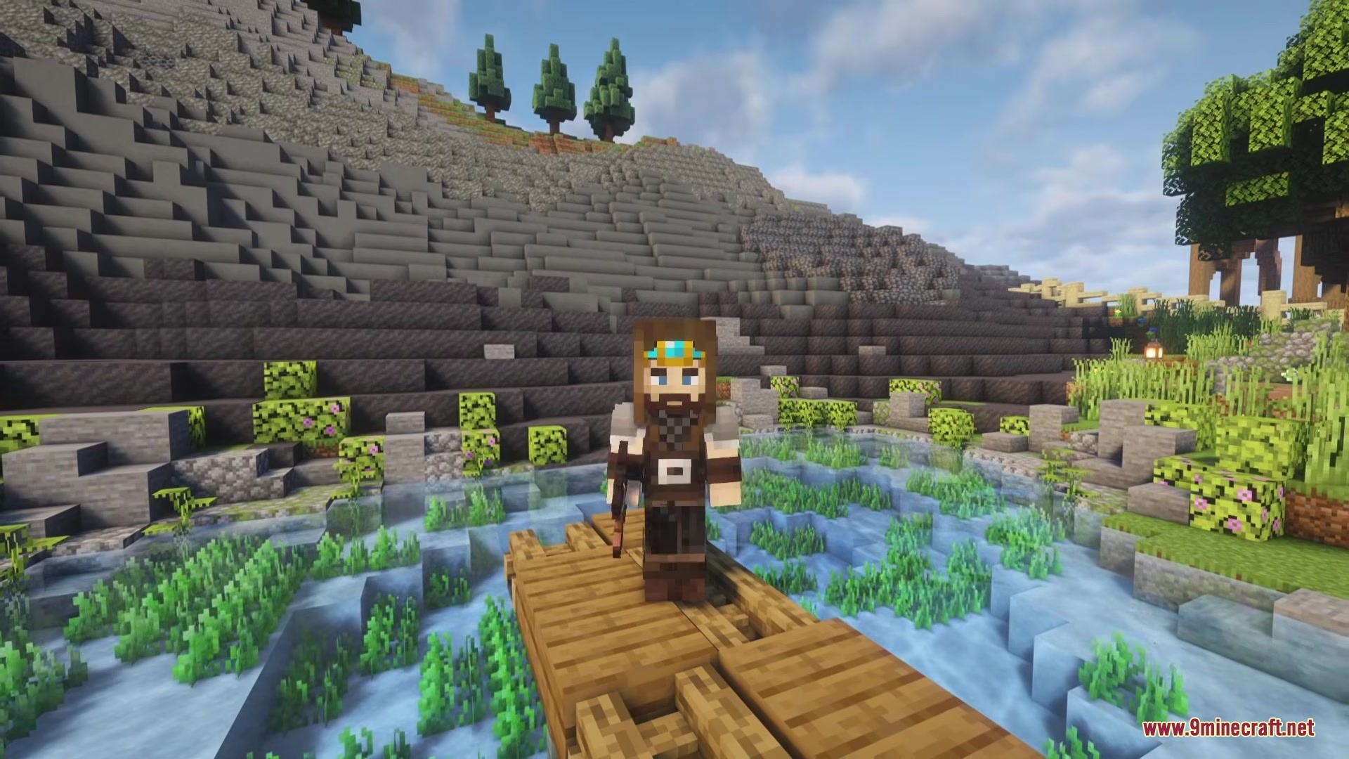 Soulwarden RPG Series Plus Mod Screenshot 1 A Minecraft player character standing on a wooden dock near a mountain pond