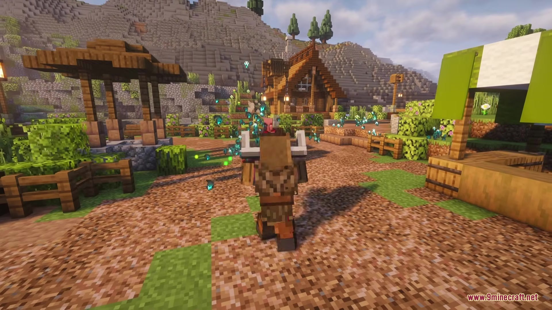 Soulwarden RPG Series Plus Mod Screenshot 4 A player character walks past a market stall while collecting glowing blue soul fragments