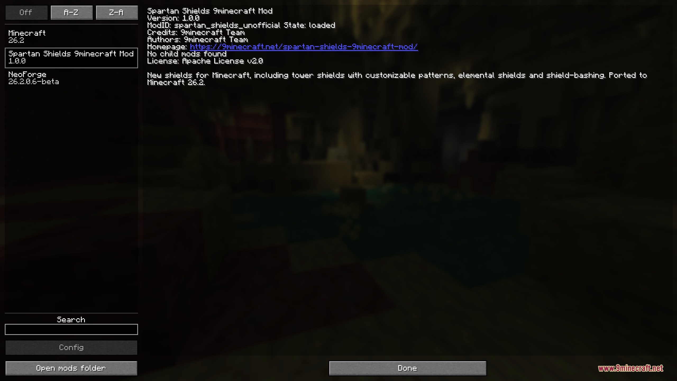The mod's entry in the in-game mods list, showing it loaded with its 9minecraft Team credits, a clickable homepage link, and a tagline noting the new shields, tower shields with customizable patterns, elemental shields, and shield-bashing