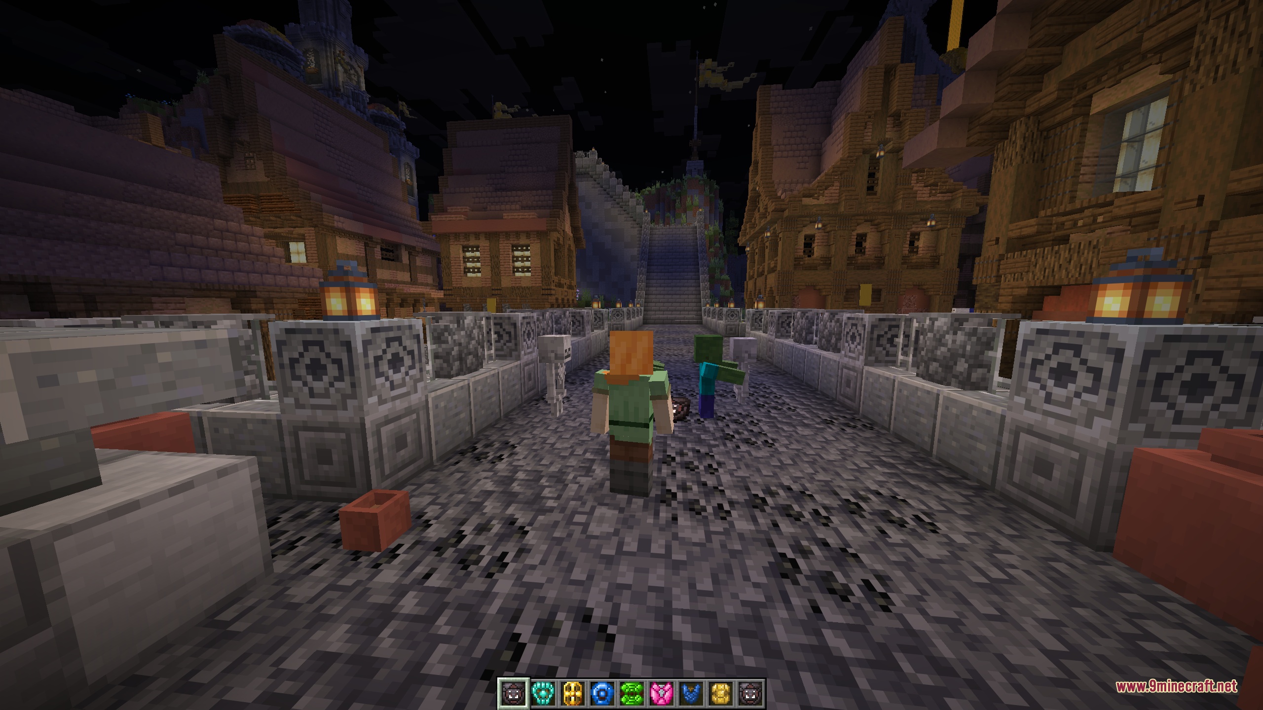 A third-person night scene with the player facing a skeleton and a zombie while carrying a shield, showing the shields put to use in combat