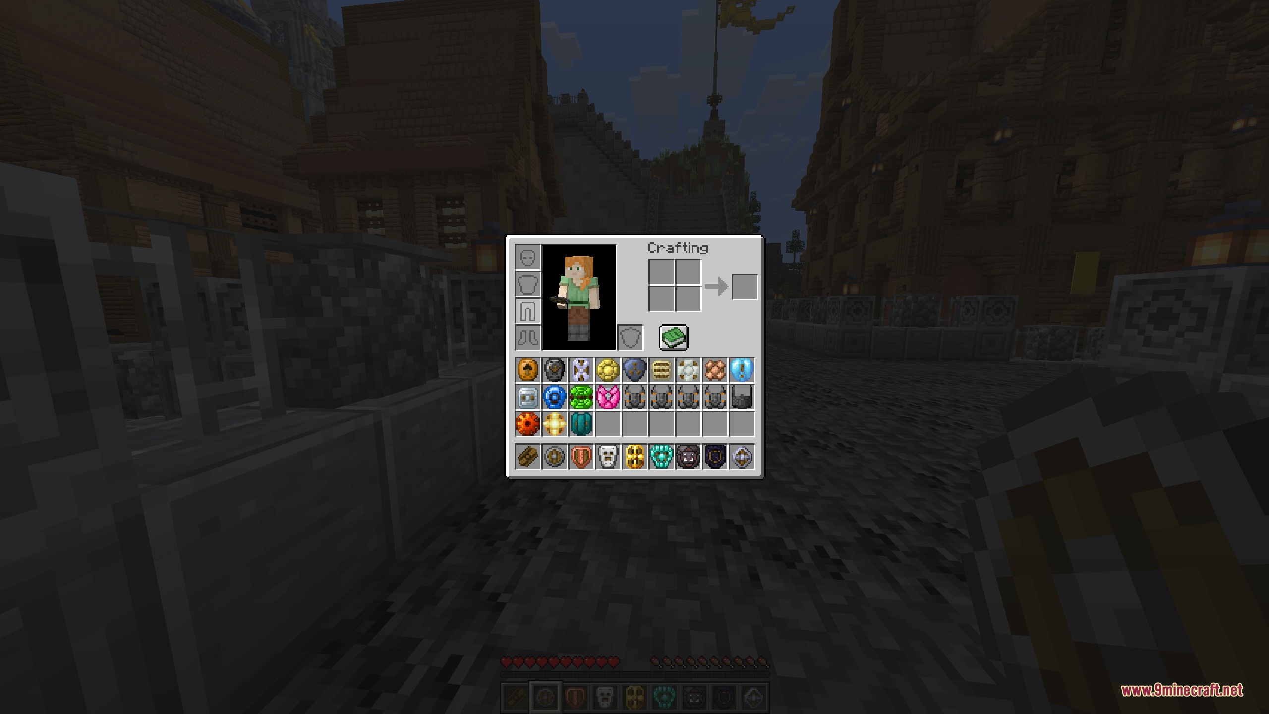 The player inventory filled with dozens of basic and reinforced shields in many materials and colours, viewed on a stone-railed street in a fantasy town