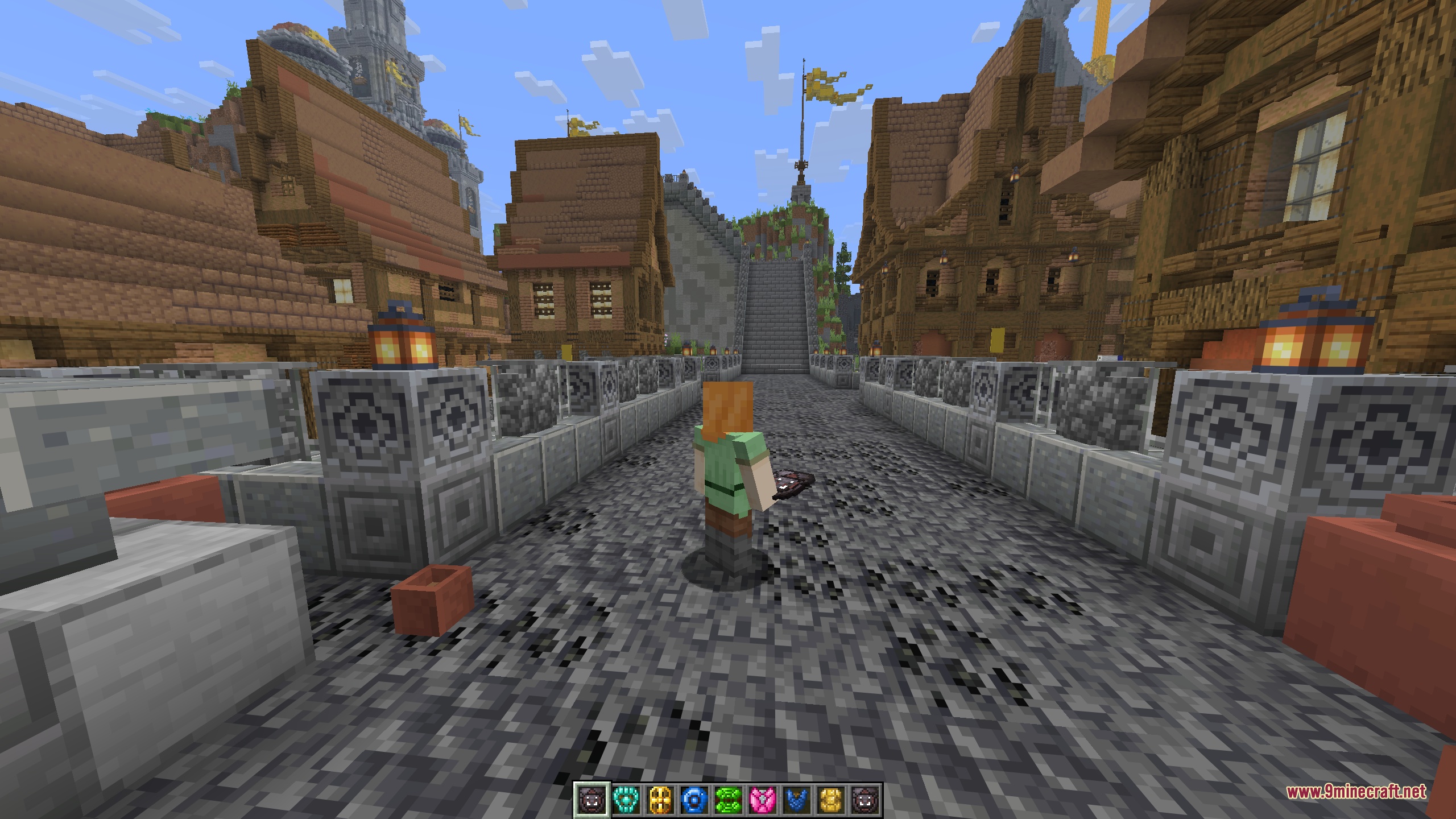 A third-person view of the player walking down a town avenue with a dark tower shield held at the side