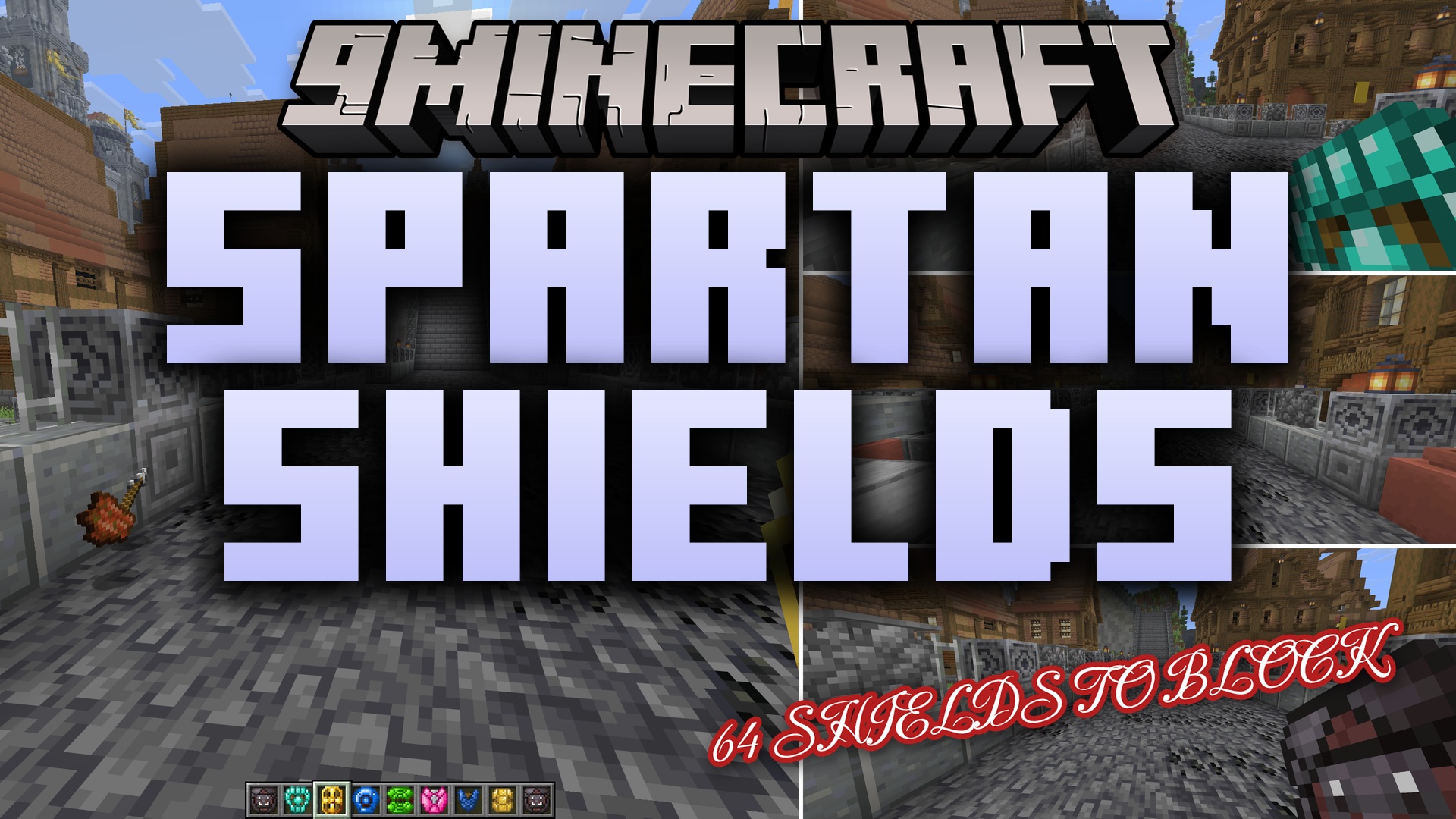 The Spartan Shields 9minecraft Mod adds 64 new shields to Minecraft, built from vanilla and modded materials from wood up to netherite, split into 34 basic shields and 30 taller Tower Shields that can be decorated with banners, plus elemental shields such as the Silver Gilded Shield that hurts undead mobs on block, shield-bashing, and shields that can be enchanted for extra combat power