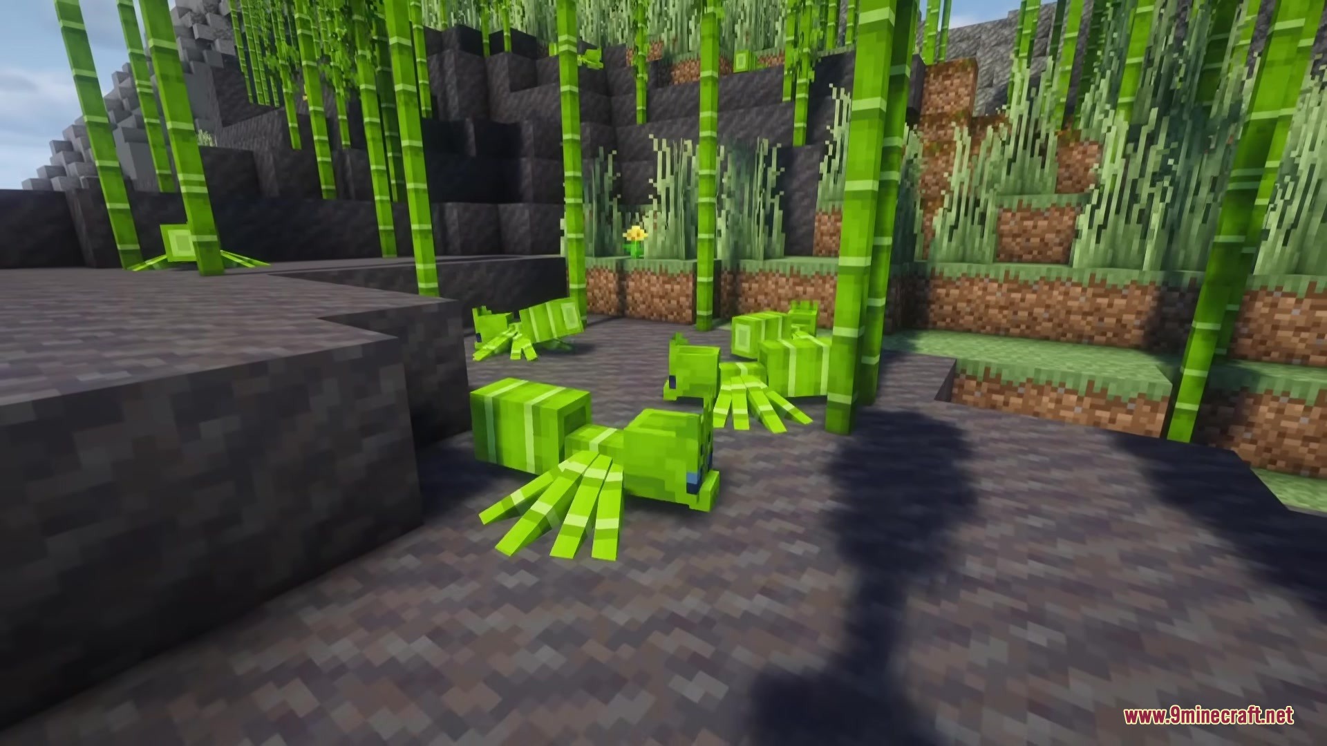 Spider Overhaul Mod Screenshot 1 Green jungle spiders camouflaged as bamboo crawling on the ground in Minecraft