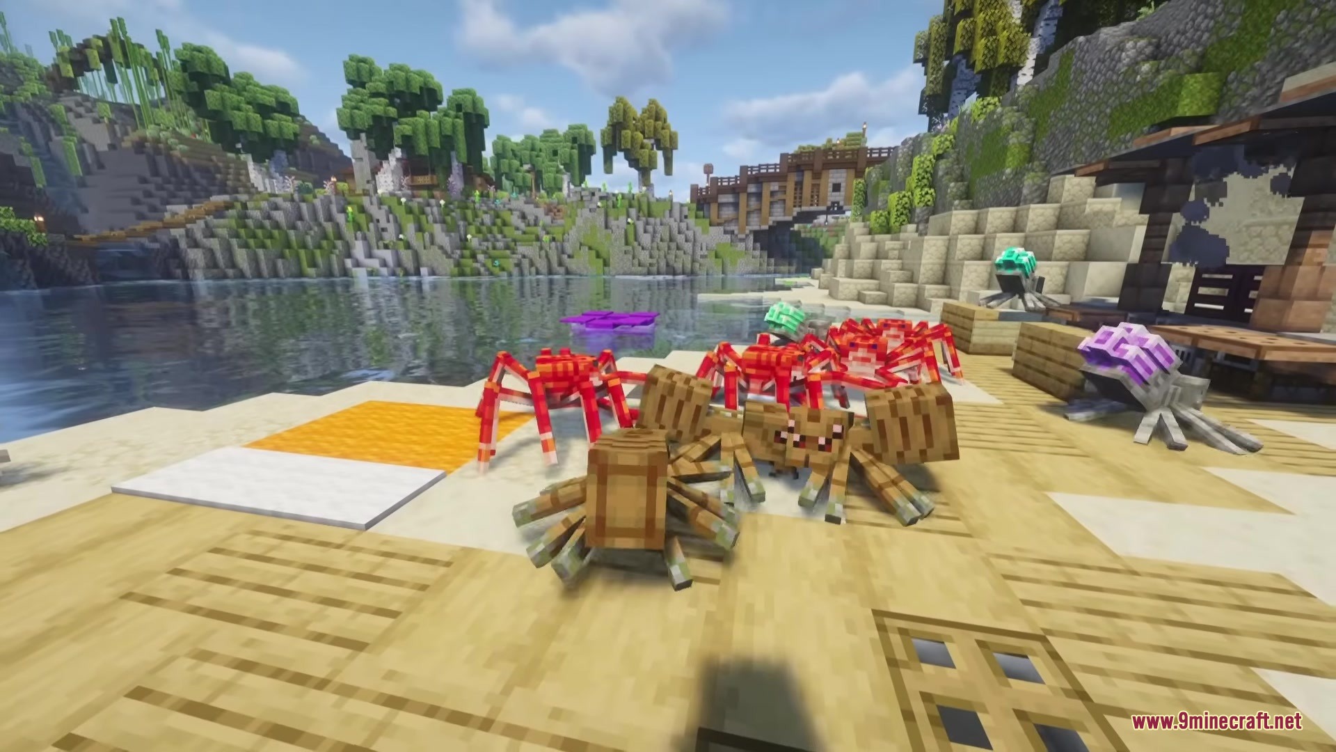 Spider Overhaul Mod Screenshot 3 A group of colorful spiders gathered on a wooden dock near the water