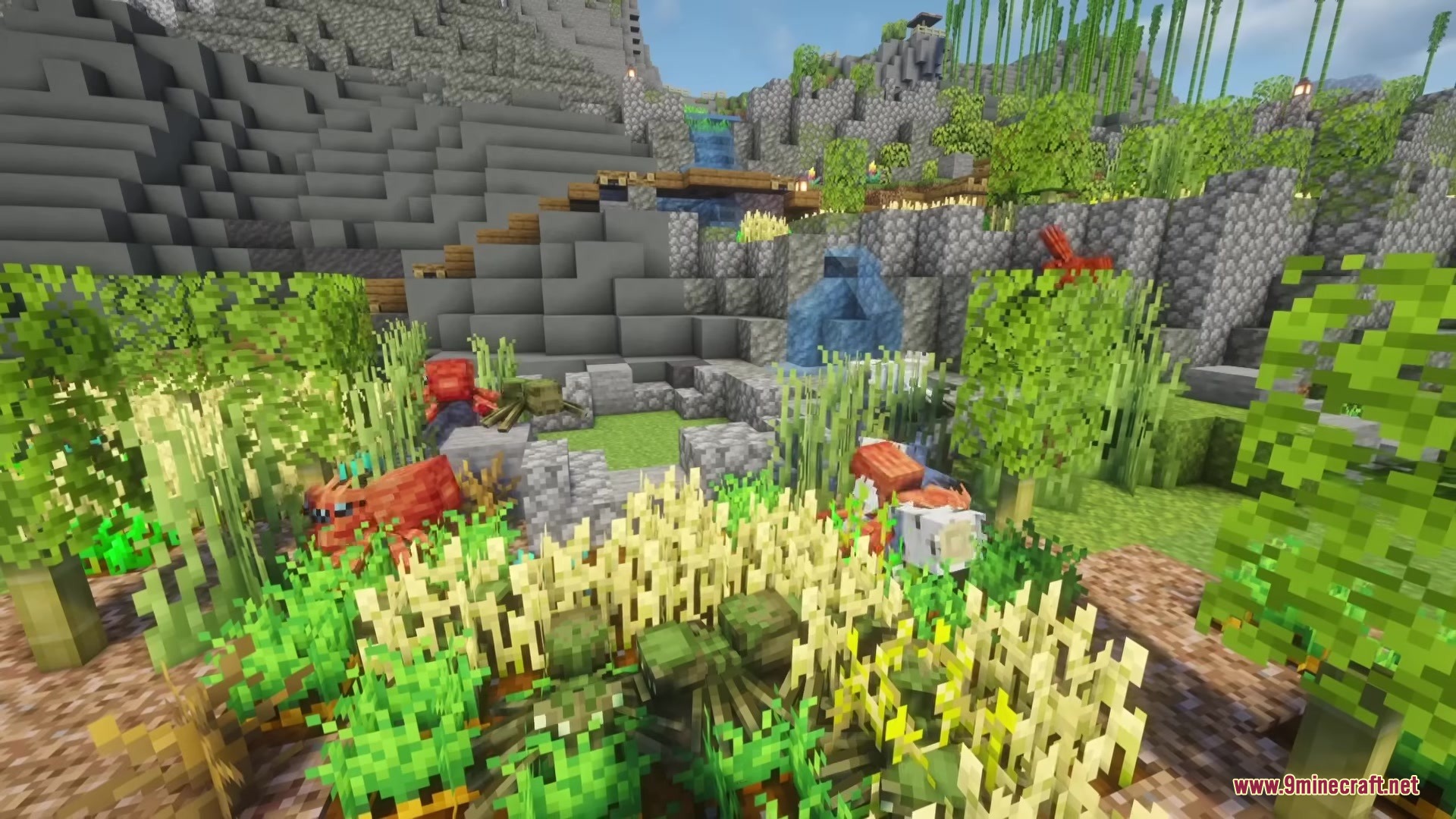 Spider Overhaul Mod Screenshot 4 Biome specific spiders roaming through a rocky landscape with bamboo and plants
