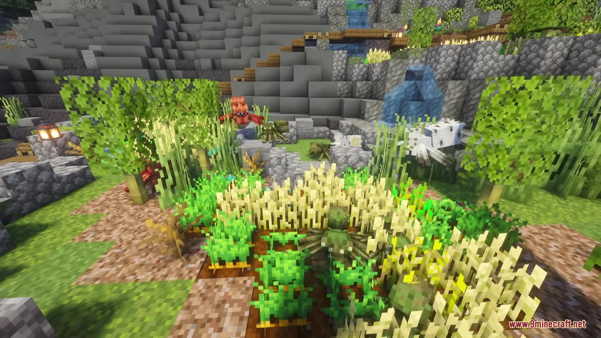 Spider Overhaul Mod Screenshot 5 Various unique spiders crawling in a garden with crops and stone walls