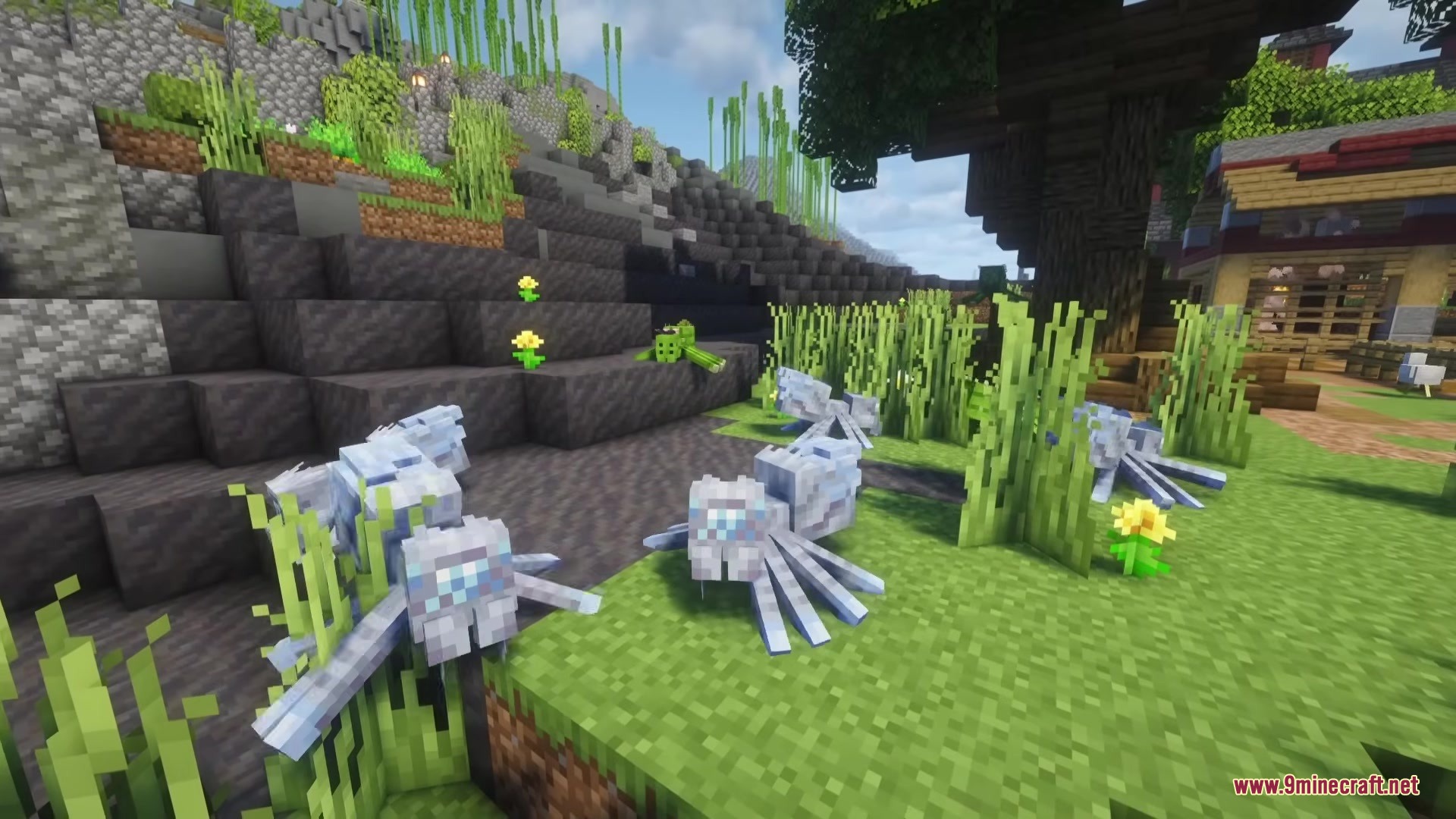 Spider Overhaul Mod Screenshot 6 Several ice spiders with freezing venom gathered on a grassy hill