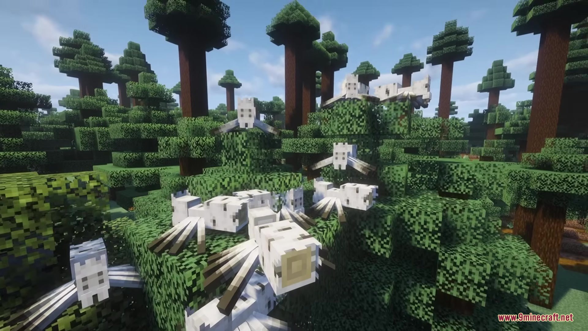 Spider Overhaul Mod Screenshot 7 A group of white Birch Spiders camouflaged among the green forest leaves