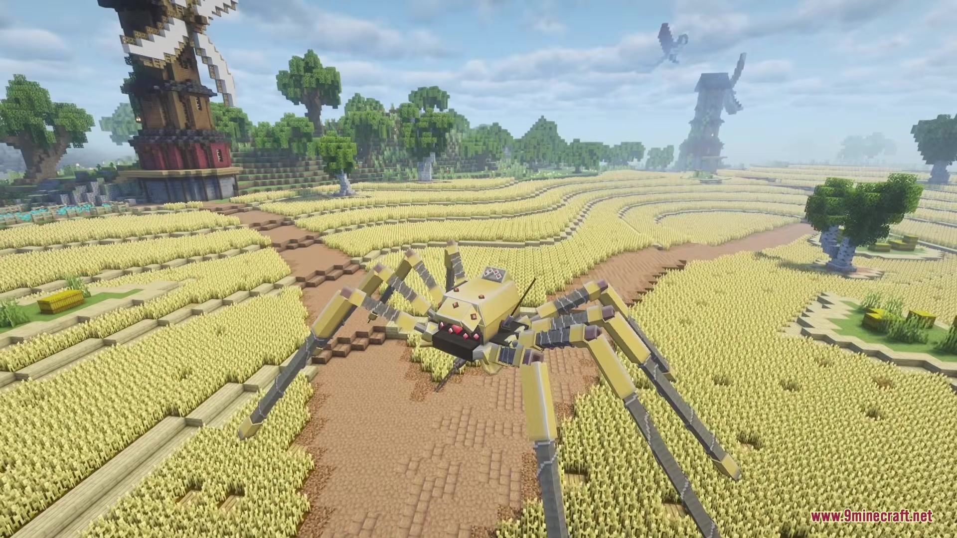 Spidertron Mod Screenshot 2 A giant Spidertron vehicle walking through a vast wheat field with windmills