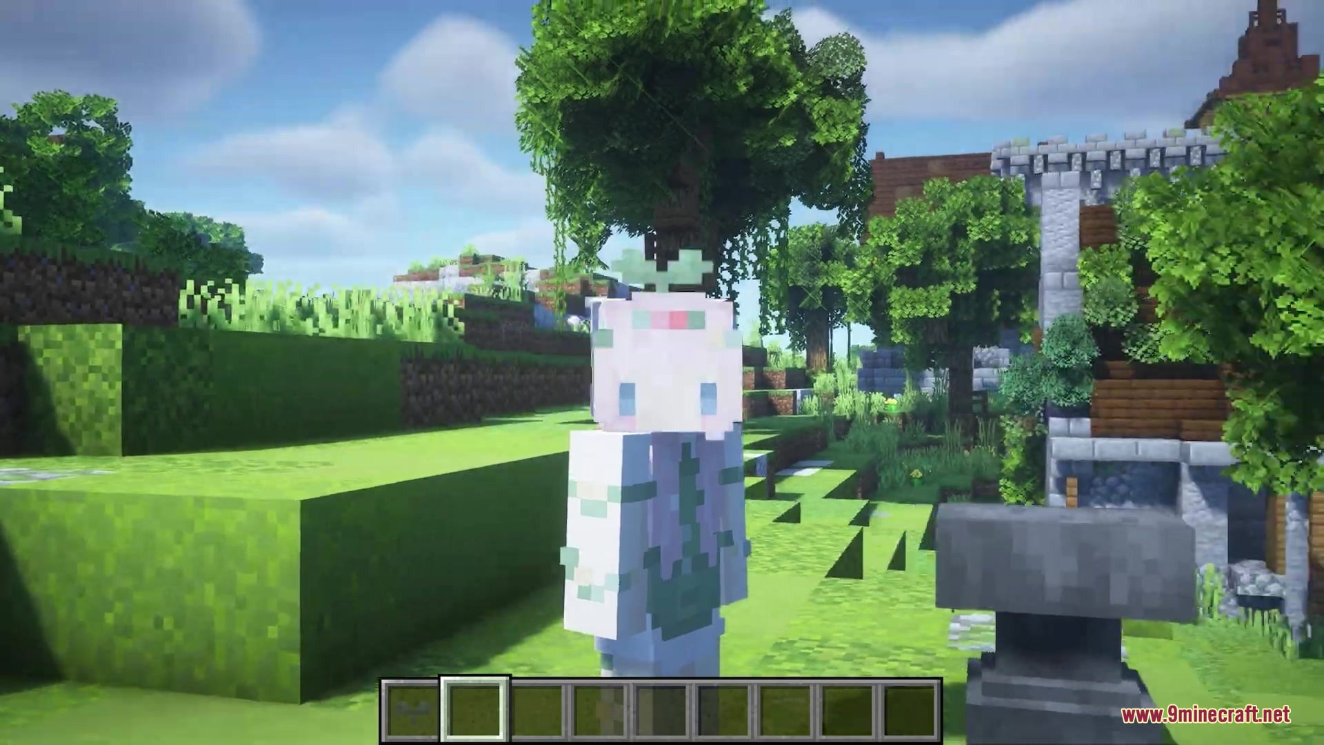 A Minecraft character wearing a tiny green sprout hat near an anvil