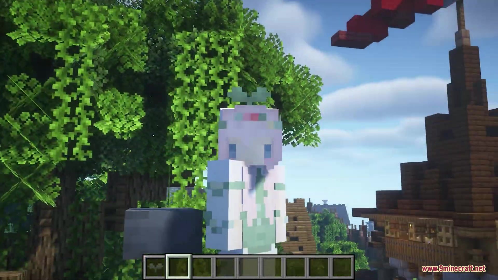 A Minecraft character wearing a small green sprout hat near a wooden building