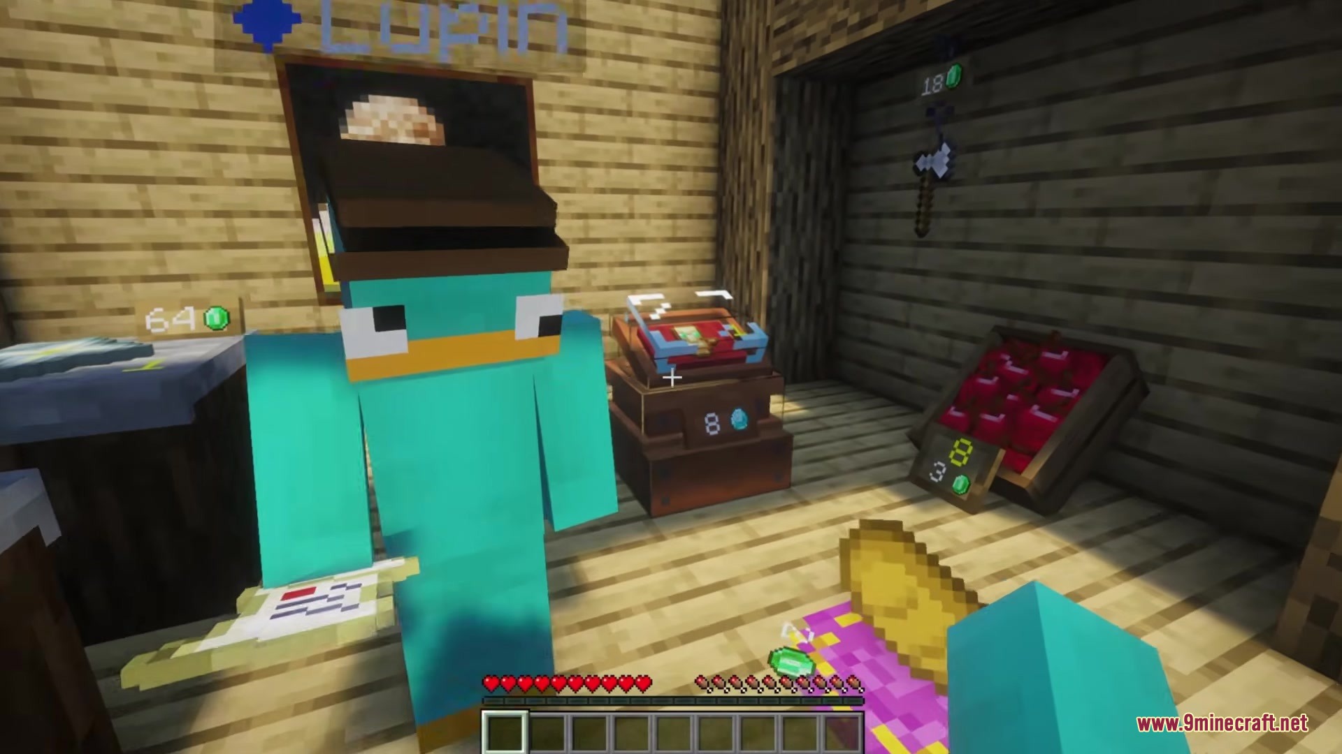 Spud's Shops Mod Screenshot 4 Player holding a contract scroll near a display case and trader crate