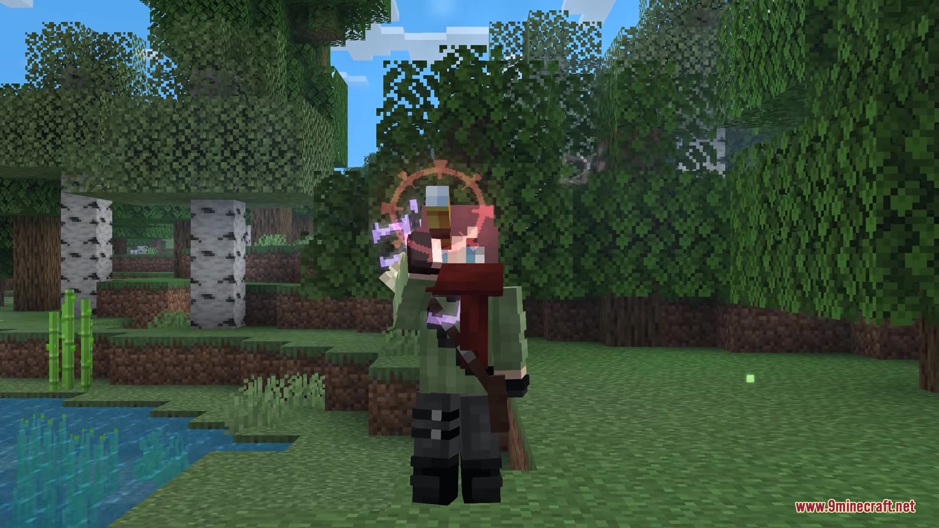 Stained Lenses Mod Screenshot 2 Minecraft character holding a spyglass with a red lens and purple particles