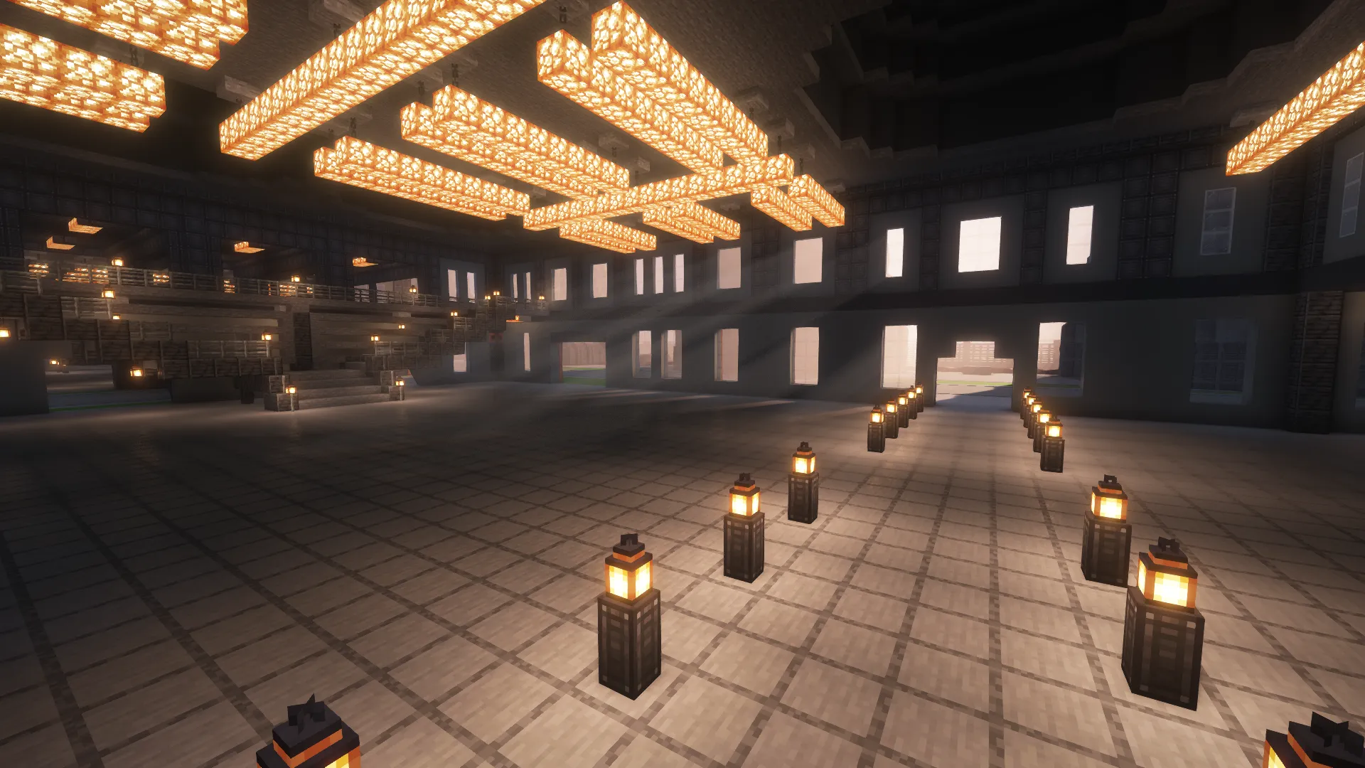 StarFox Industrie Central Nuclear Empty Schematic Screenshots 2 Spacious interior hall featuring glowing block chandeliers and rows of floor lamps