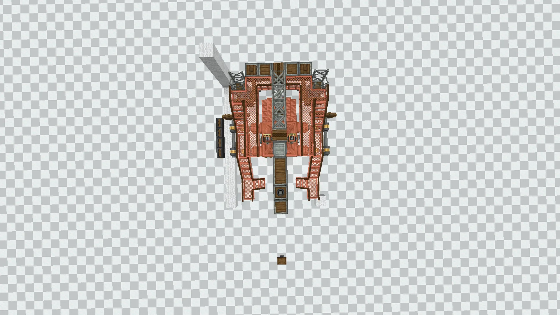 Top down view of a complex mechanical engine layout with copper blocks