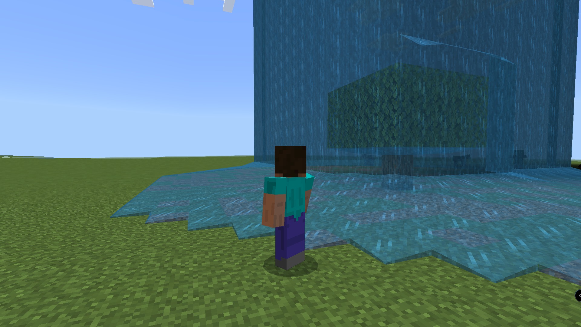 Star's FPS Counter Texture Pack Screenshot 4 Minecraft character looking at a large waterfall with a block inside the water