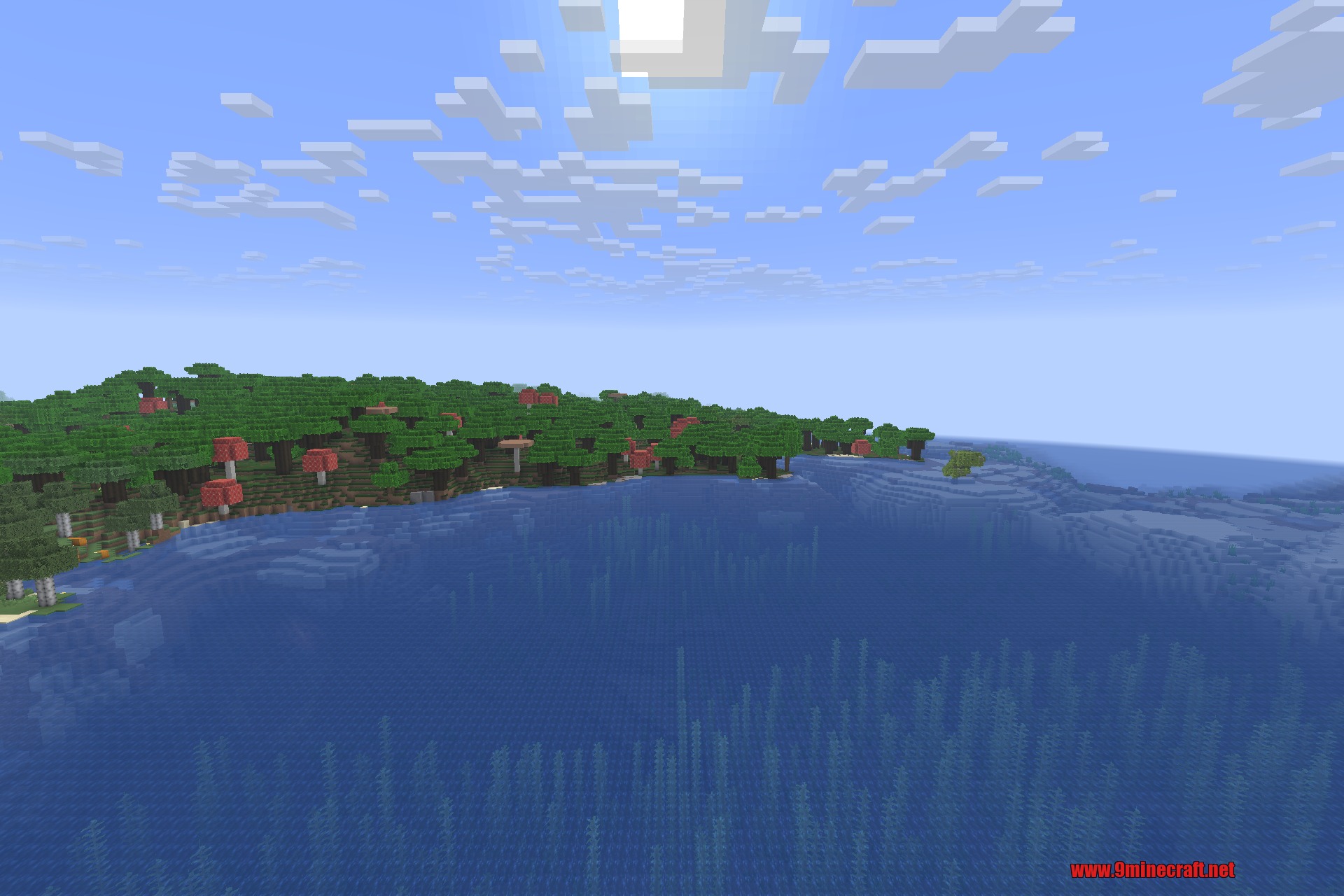 Stay True 9minecraft Resource Pack Screenshot 3 A scenic Minecraft forest with red mushrooms near a blue ocean
