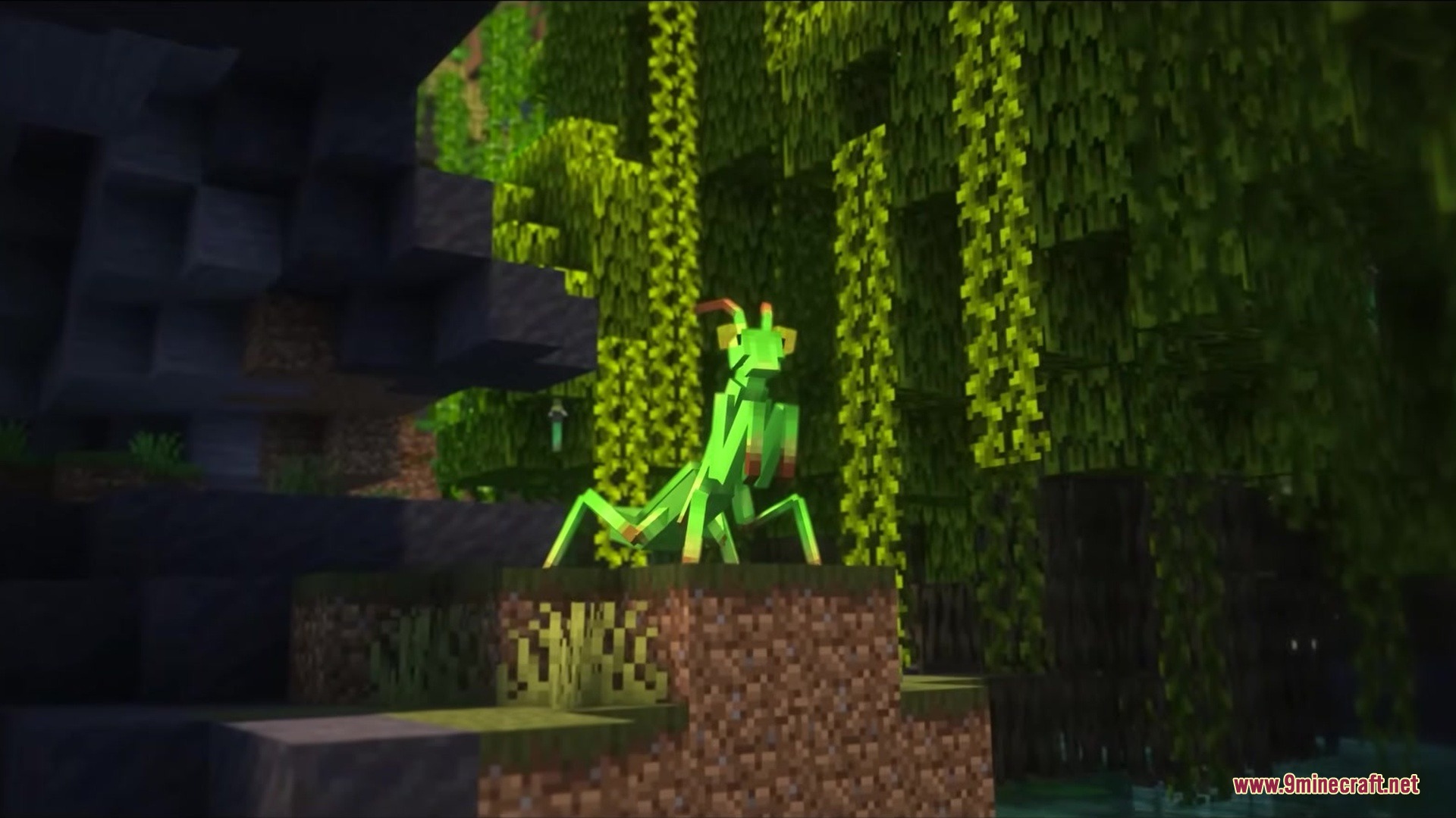 Green praying mantis mob standing in a lush Minecraft jungle