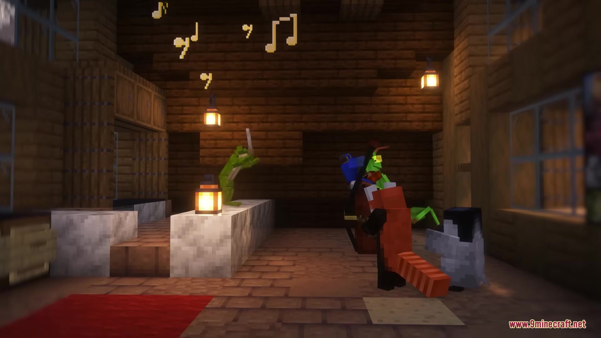 Animal mobs playing musical instruments inside a wooden interior