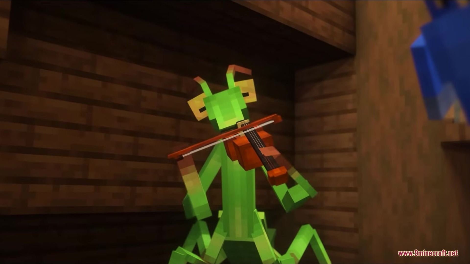 Green mantis mob playing a violin inside a wooden structure
