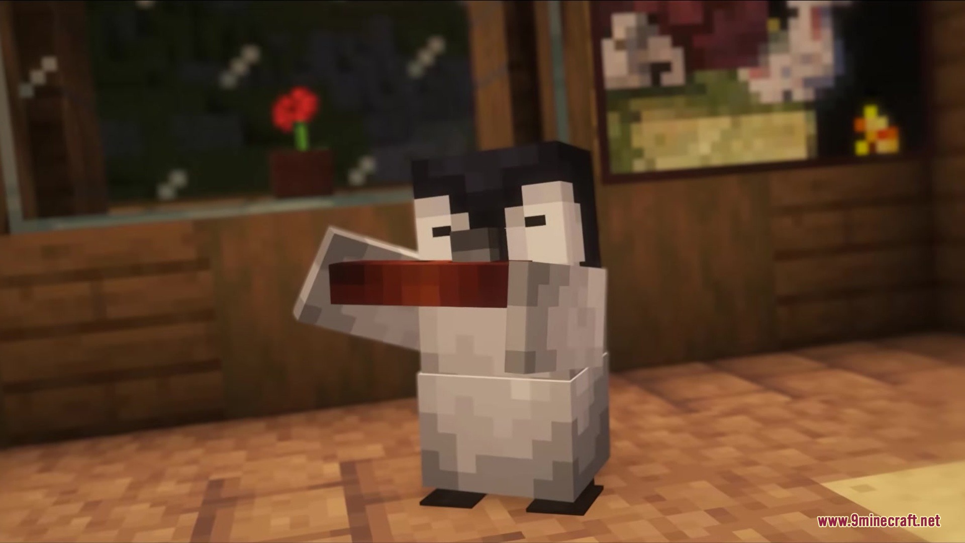 Small penguin mob playing a harmonica inside a wooden room