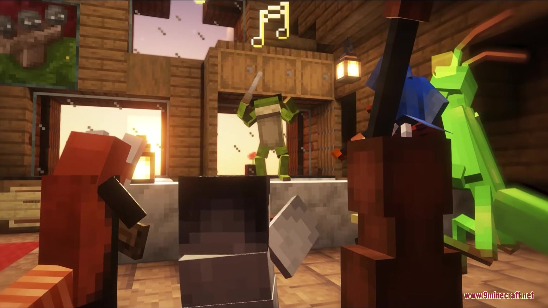 A frog conducting music while other mobs play various instruments