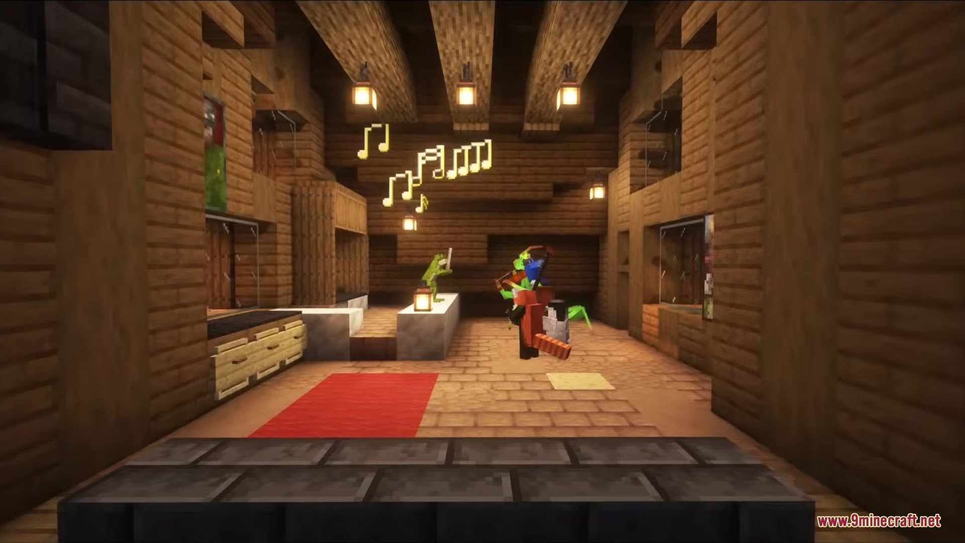 Floating musical notes above mobs playing instruments in a wooden room