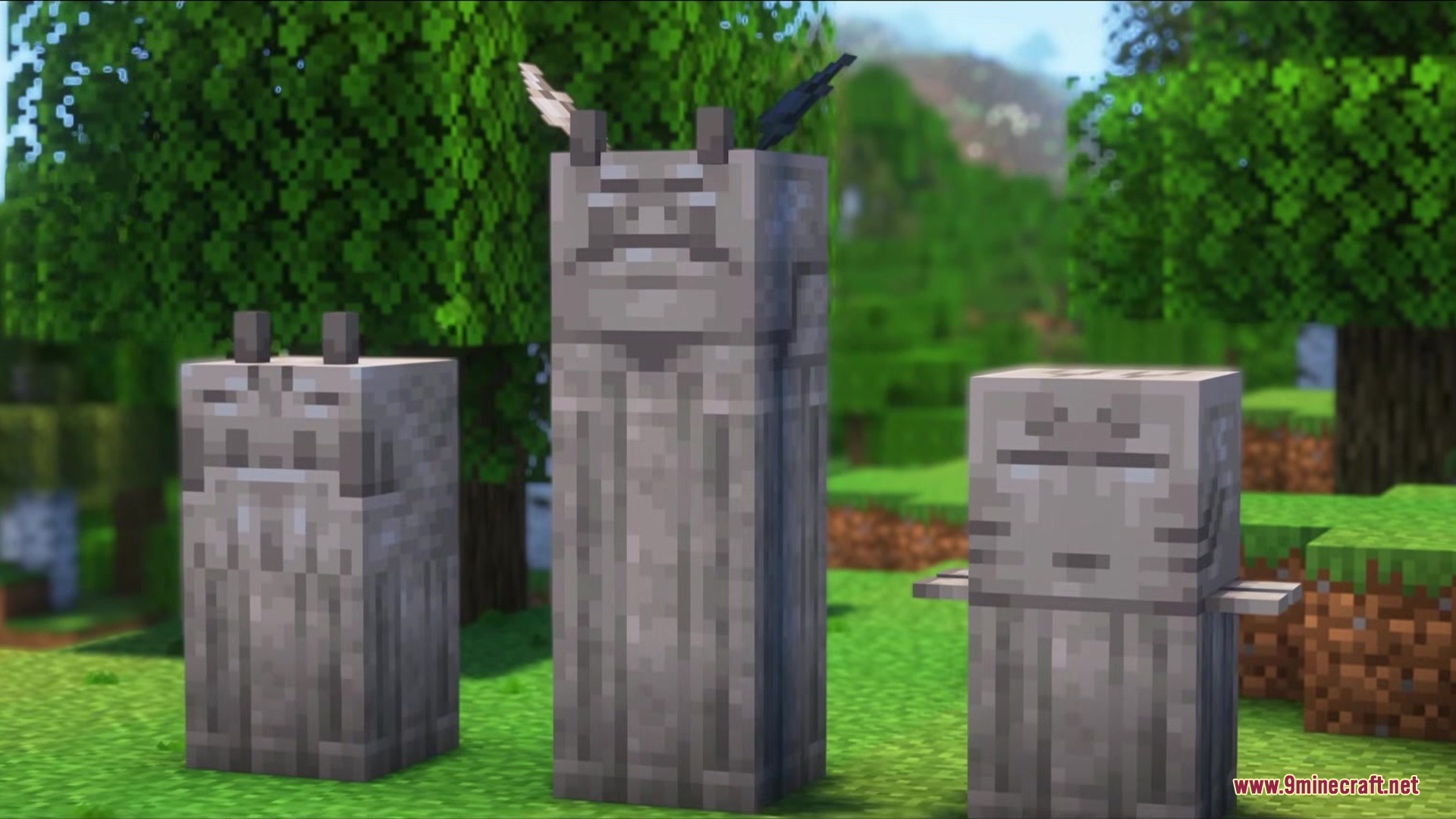 Stoneveil Mod Screenshot 2 Three different stone gargoyle statues standing on grass in a forest biome
