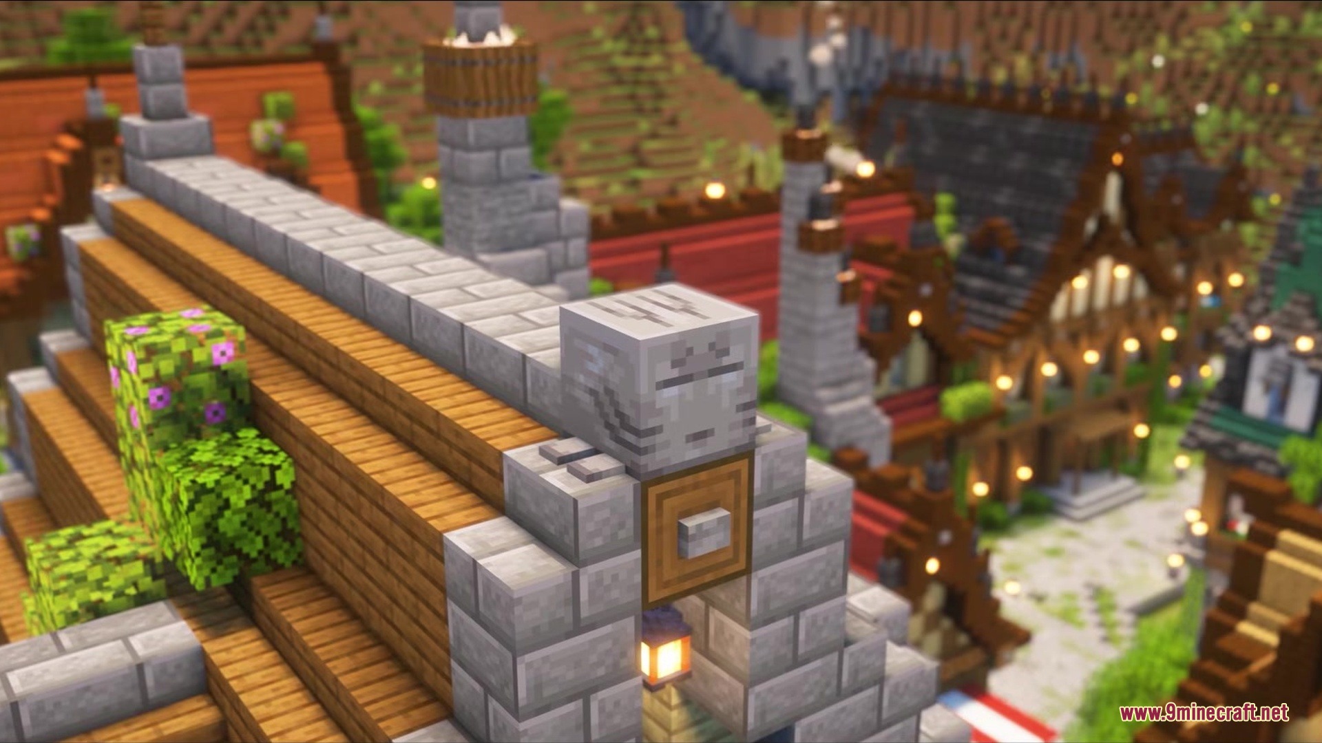 Stoneveil Mod Screenshot 4 Detailed view of a stone gargoyle block placed on a roof ridge